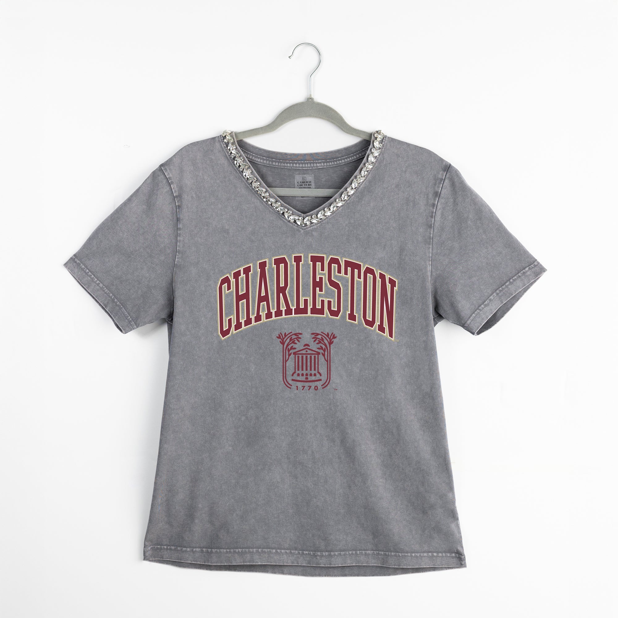 CHARLESTON COUGARS ICONIC EDGE RHINESTONE TRIM V-NECK TEE