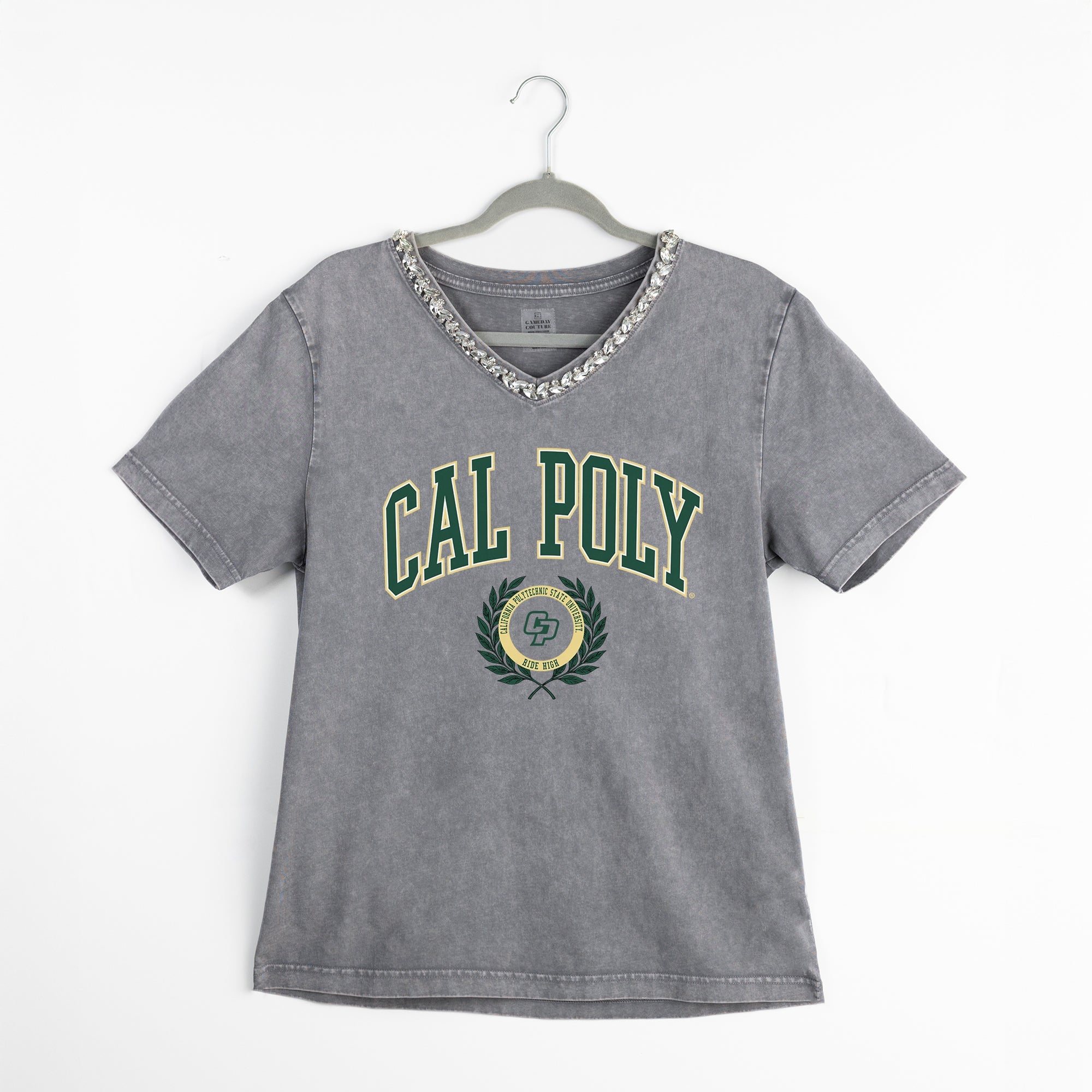 CAL POLY MUSTANGS ICONIC EDGE RHINESTONE TRIM V-NECK TEE