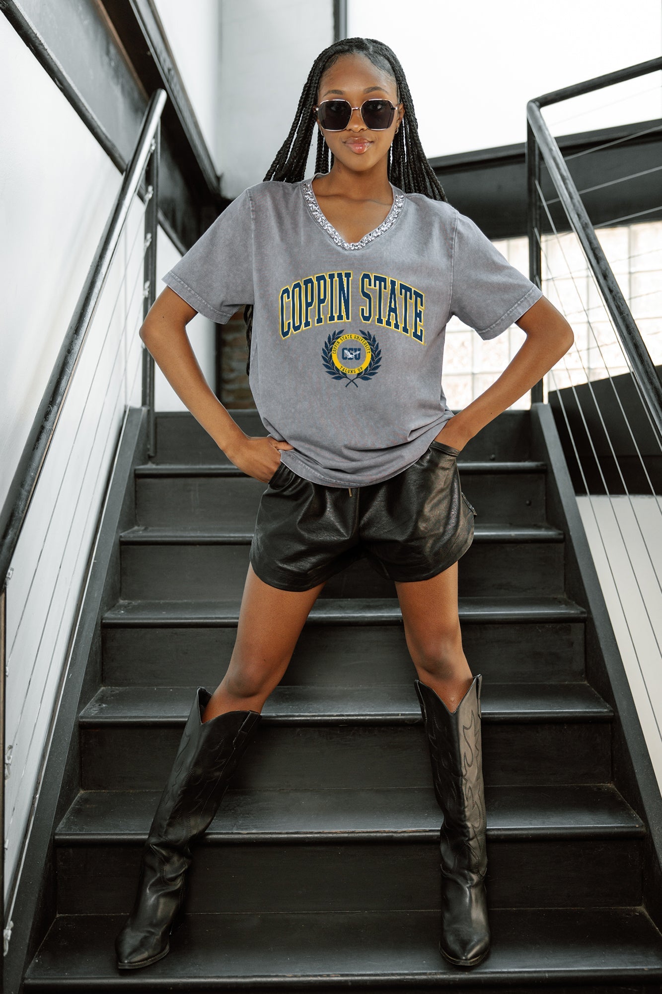 COPPIN STATE EAGLES ICONIC EDGE RHINESTONE TRIM V-NECK TEE
