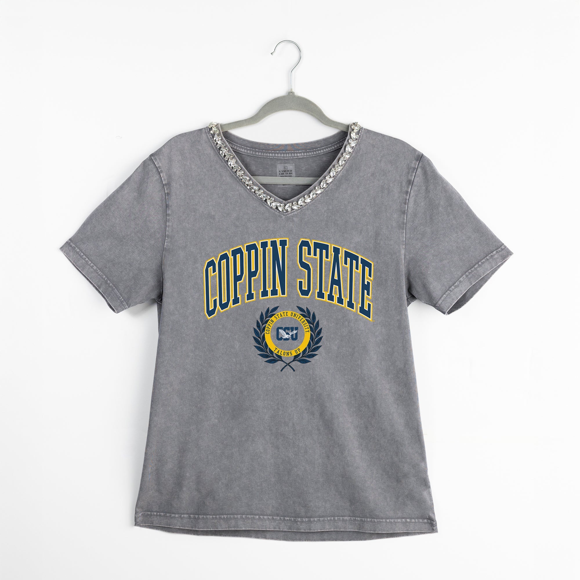 COPPIN STATE EAGLES ICONIC EDGE RHINESTONE TRIM V-NECK TEE