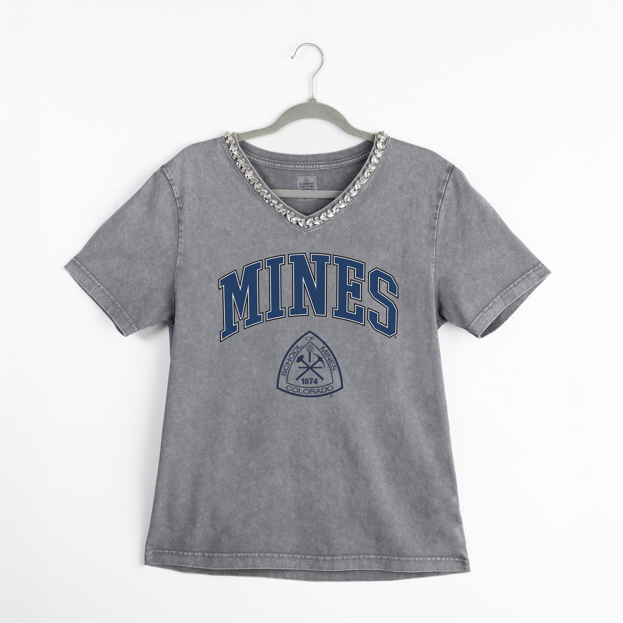 COLORADO SCHOOL OF MINES BURROS ICONIC EDGE RHINESTONE TRIM V-NECK TEE