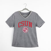 CAL STATE NORTHRIDGE MATADORS ICONIC EDGE RHINESTONE TRIM V-NECK TEE