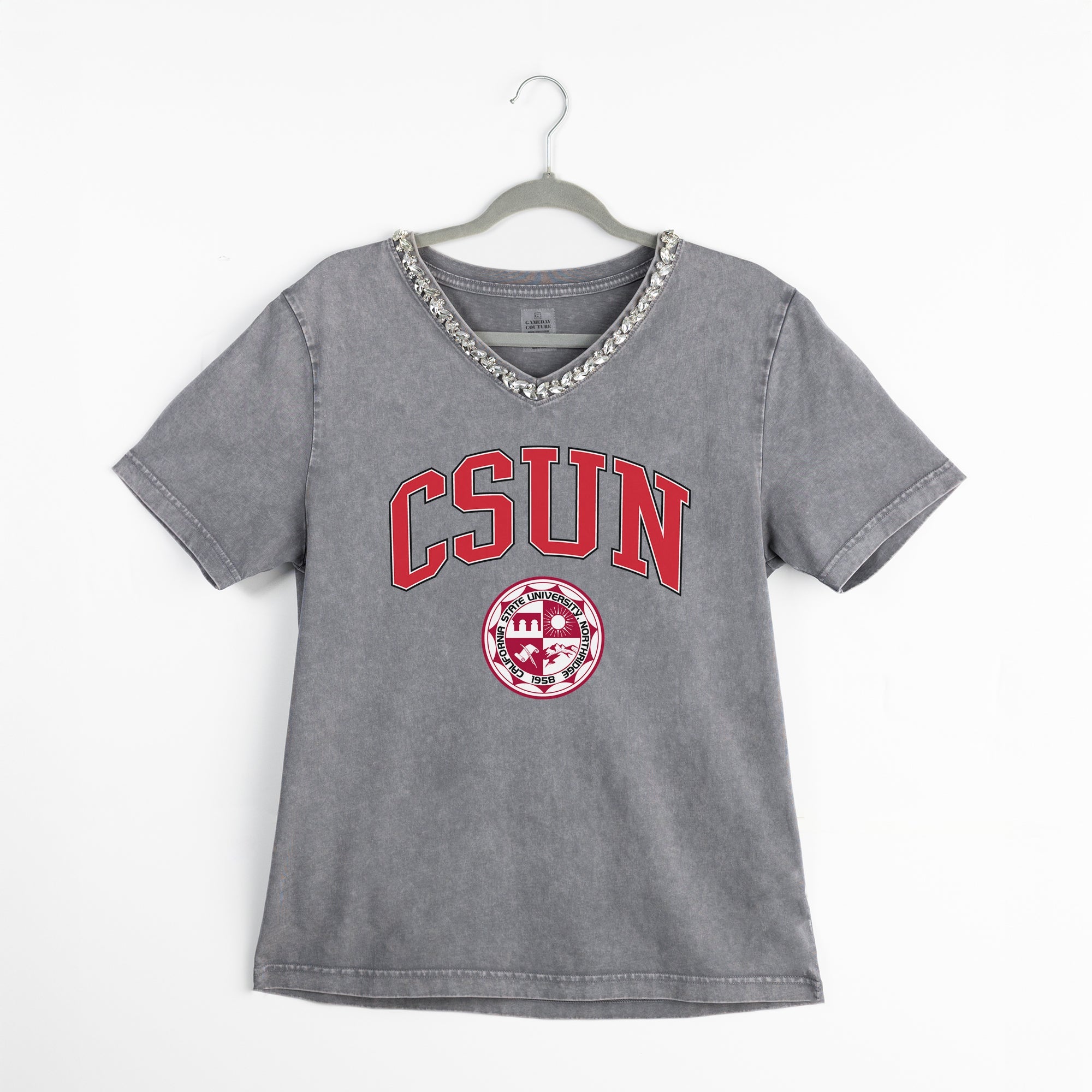 CAL STATE NORTHRIDGE MATADORS ICONIC EDGE RHINESTONE TRIM V-NECK TEE