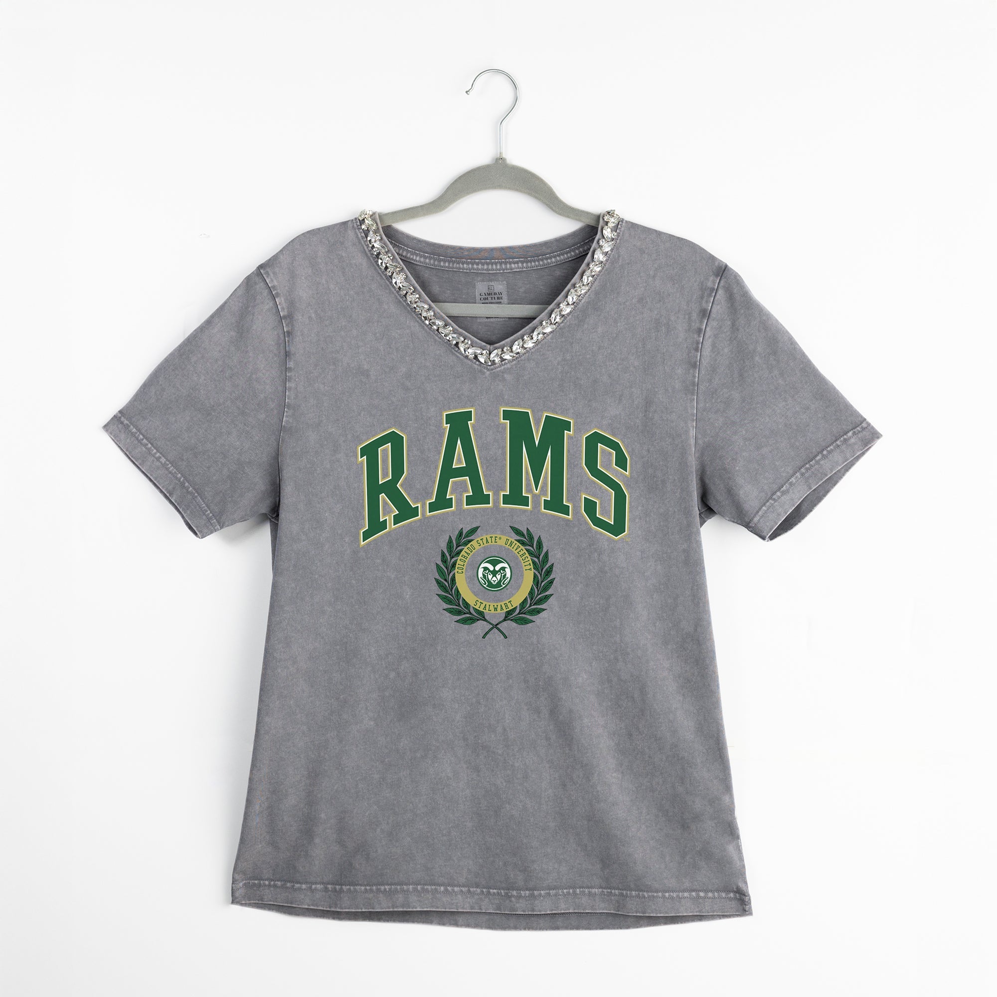 COLORADO STATE RAMS ICONIC EDGE RHINESTONE TRIM V-NECK TEE