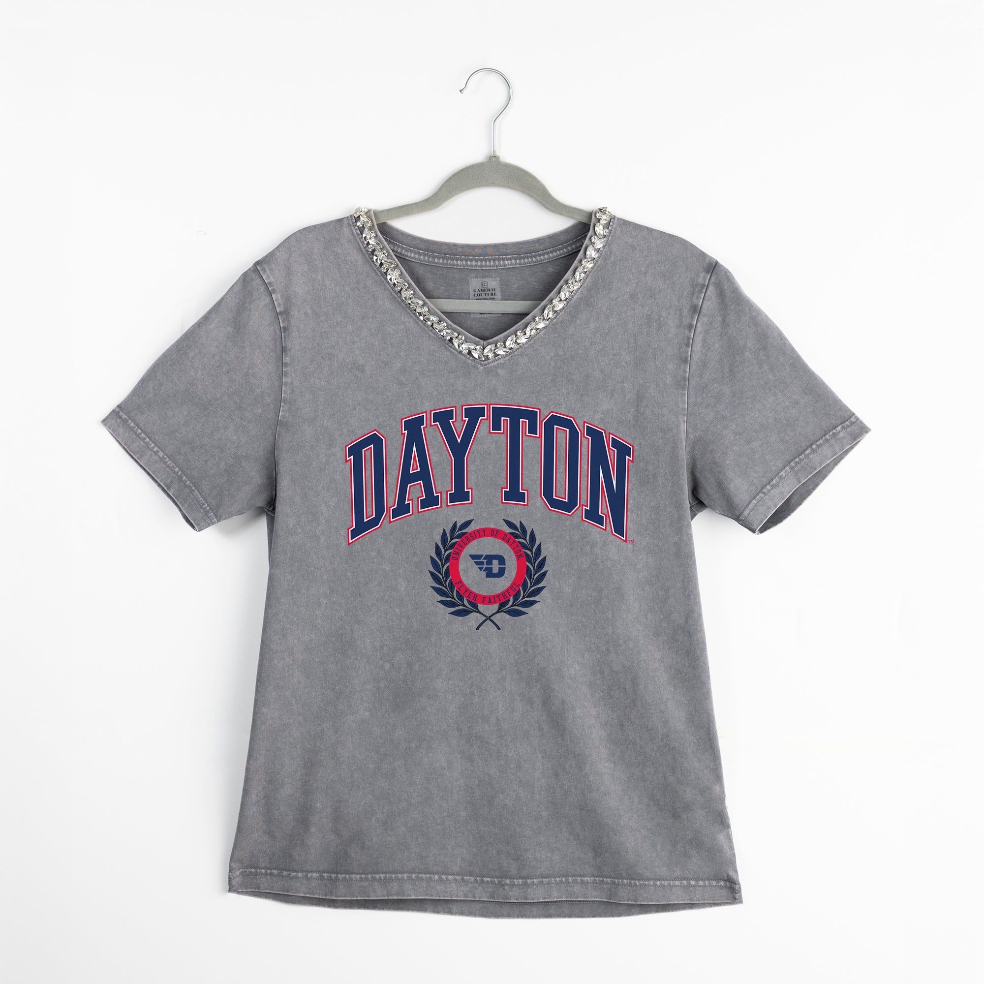 DAYTON FLYERS ICONIC EDGE RHINESTONE TRIM V-NECK TEE
