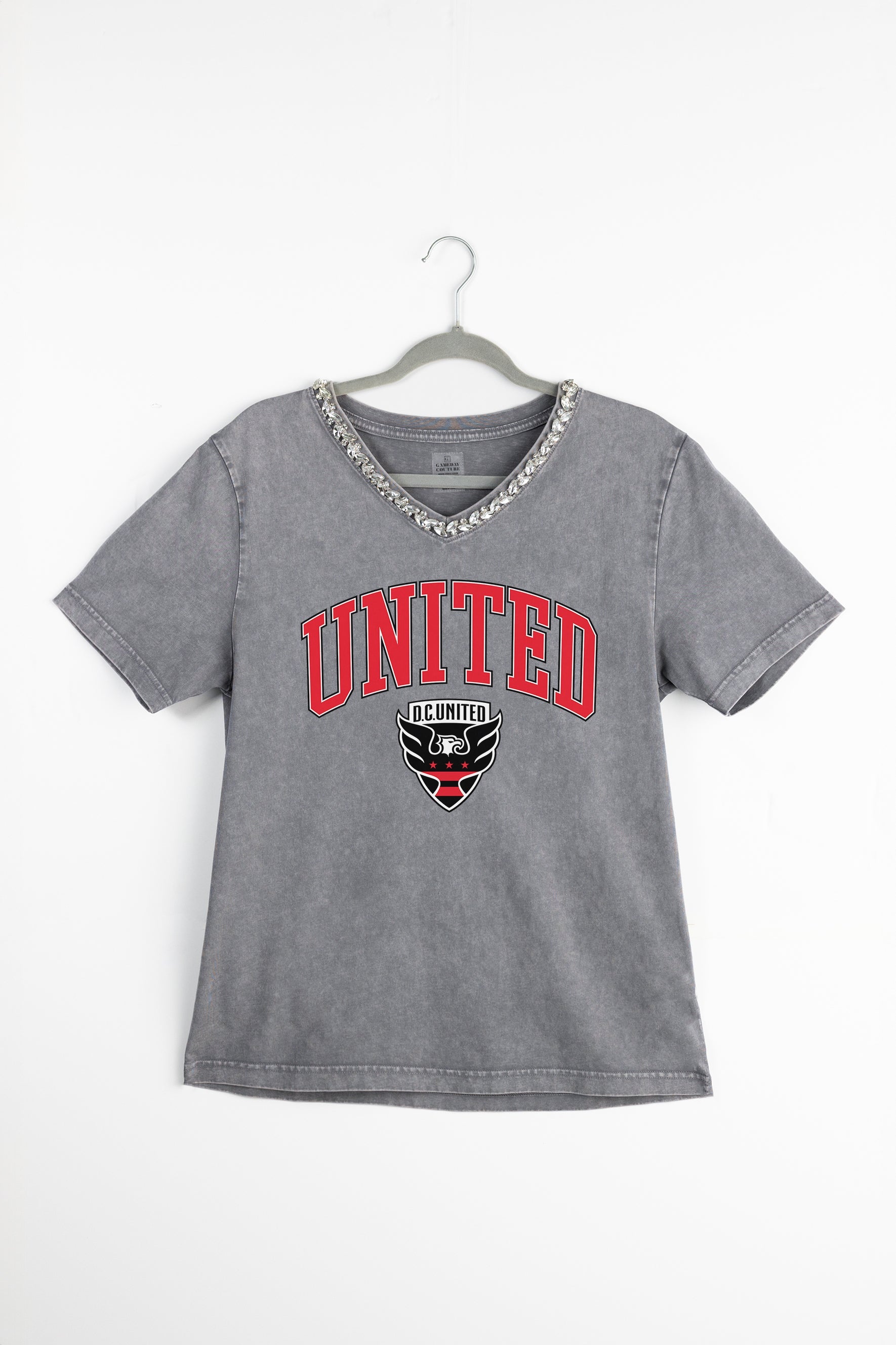 DC UNITED ICONIC EDGE RHINESTONE TRIM V-NECK TEE