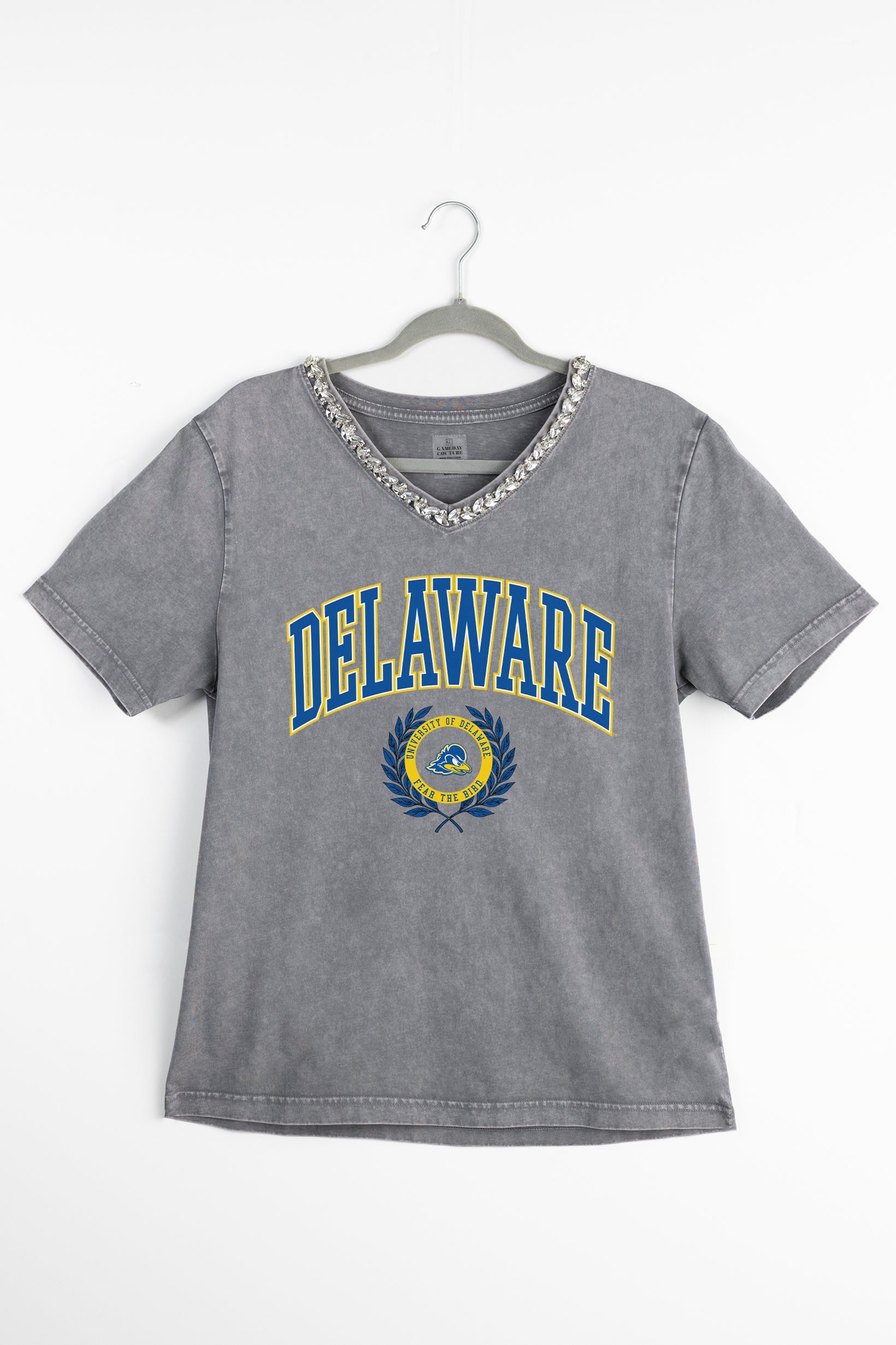 DELAWARE BLUE HENS ICONIC EDGE RHINESTONE TRIM V-NECK TEE
