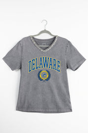 DELAWARE BLUE HENS ICONIC EDGE RHINESTONE TRIM V-NECK TEE