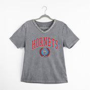 DELAWARE STATE HORNETS ICONIC EDGE RHINESTONE TRIM V-NECK TEE