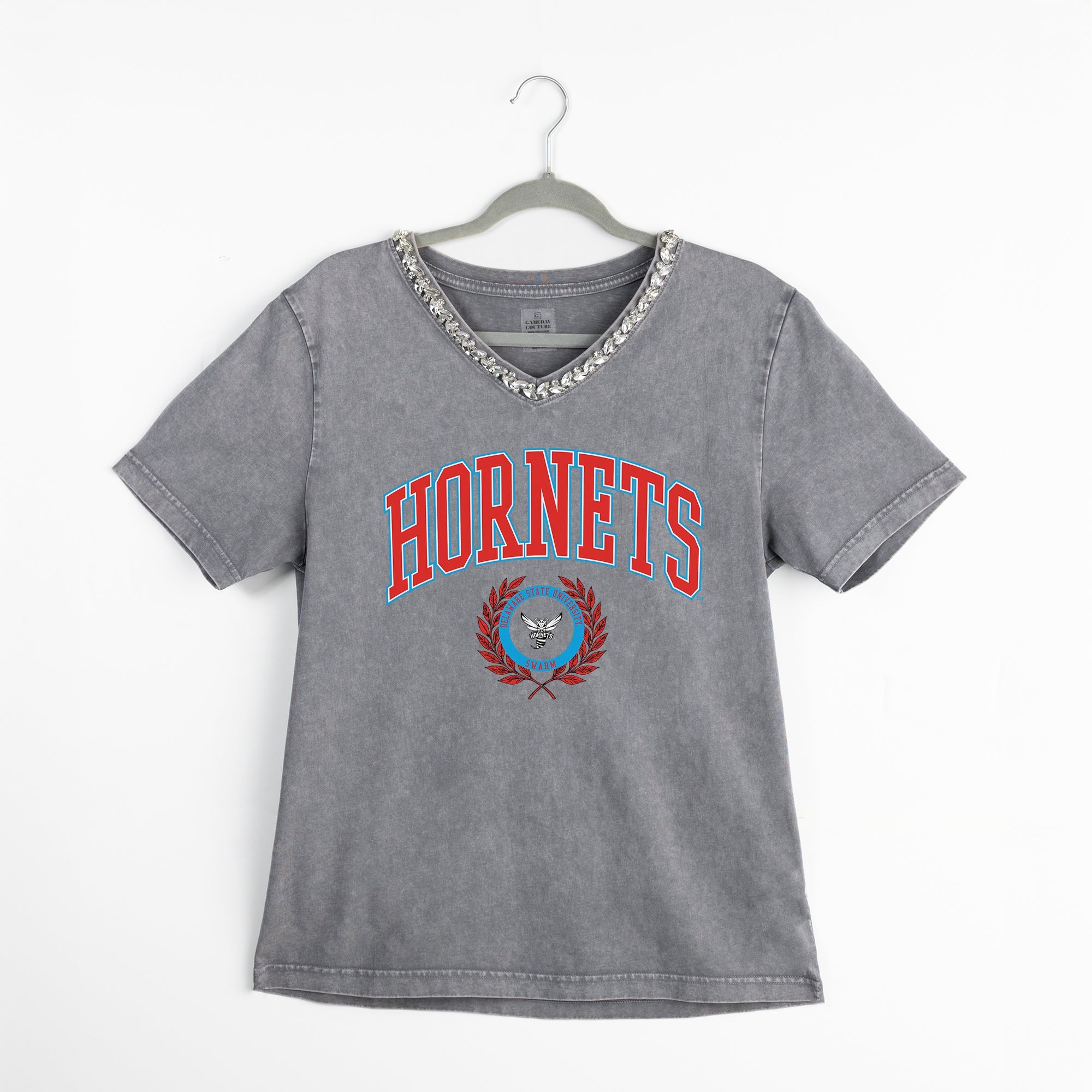 DELAWARE STATE HORNETS ICONIC EDGE RHINESTONE TRIM V-NECK TEE