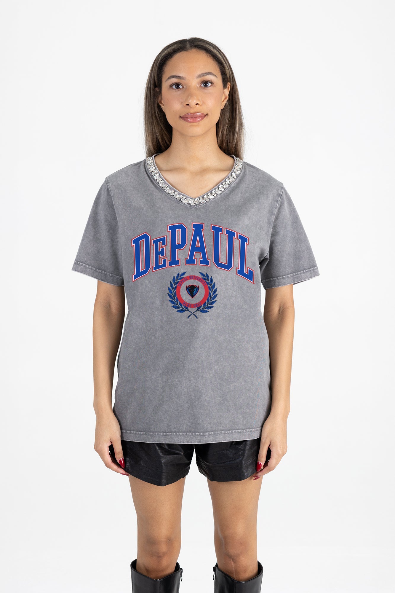 DEPAUL BLUE DEMONS ICONIC EDGE RHINESTONE TRIM V-NECK TEE