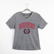 DUQUESNE UNIVERSITY DUKES ICONIC EDGE RHINESTONE TRIM V-NECK TEE