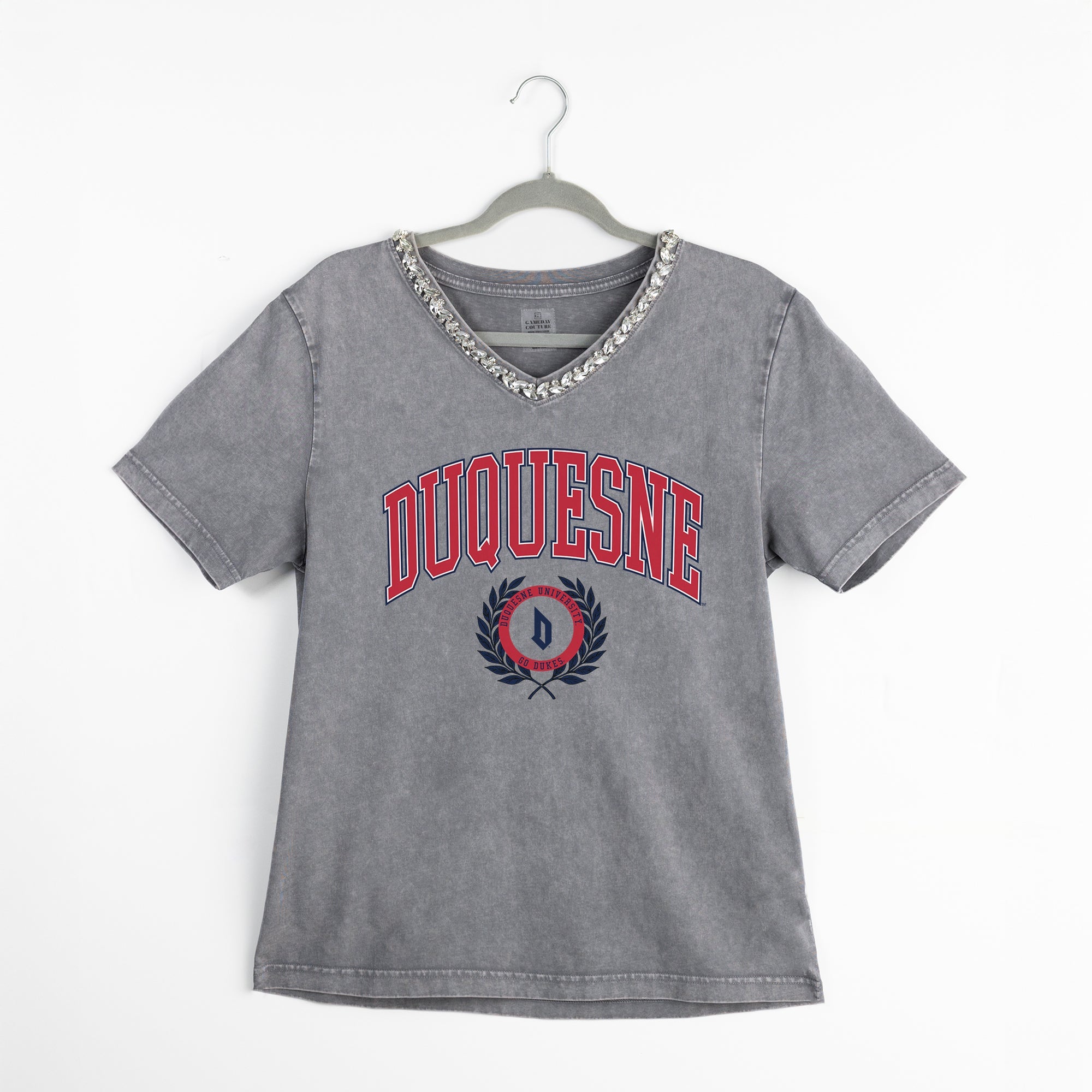 DUQUESNE UNIVERSITY DUKES ICONIC EDGE RHINESTONE TRIM V-NECK TEE