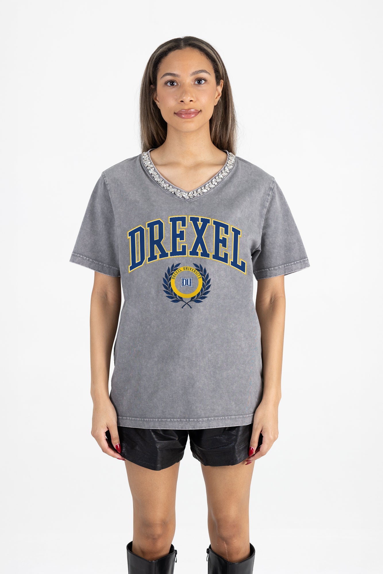DREXEL UNIVERSITY DRAGONS ICONIC EDGE RHINESTONE TRIM V-NECK TEE