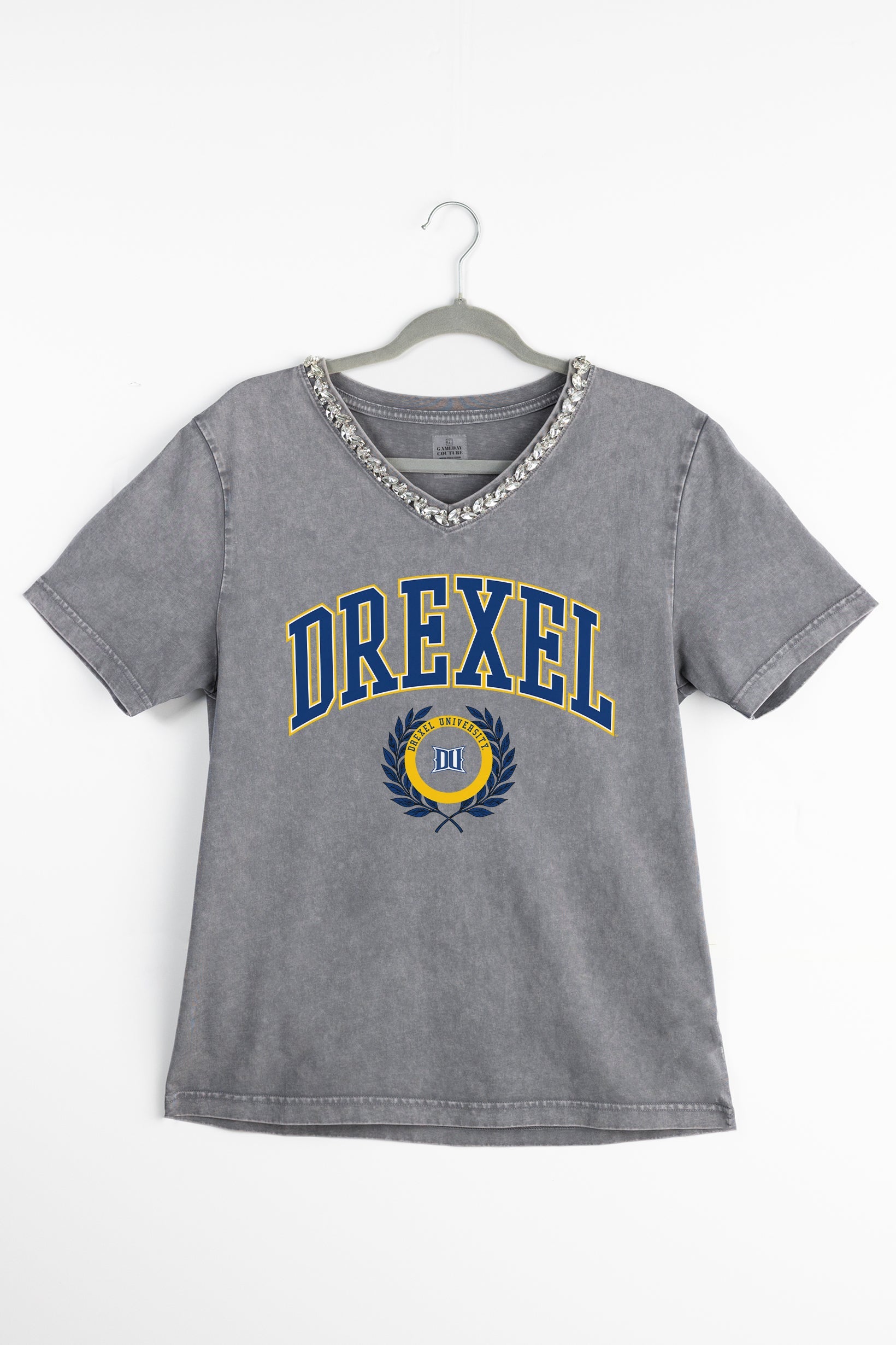 DREXEL UNIVERSITY DRAGONS ICONIC EDGE RHINESTONE TRIM V-NECK TEE