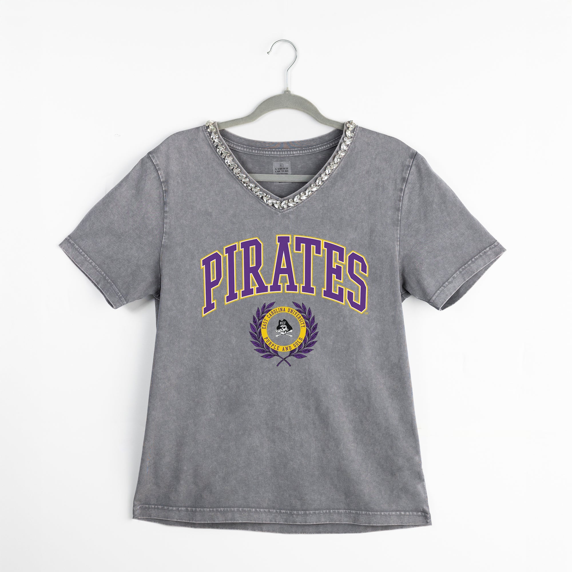EAST CAROLINA PIRATES ICONIC EDGE RHINESTONE TRIM V-NECK TEE
