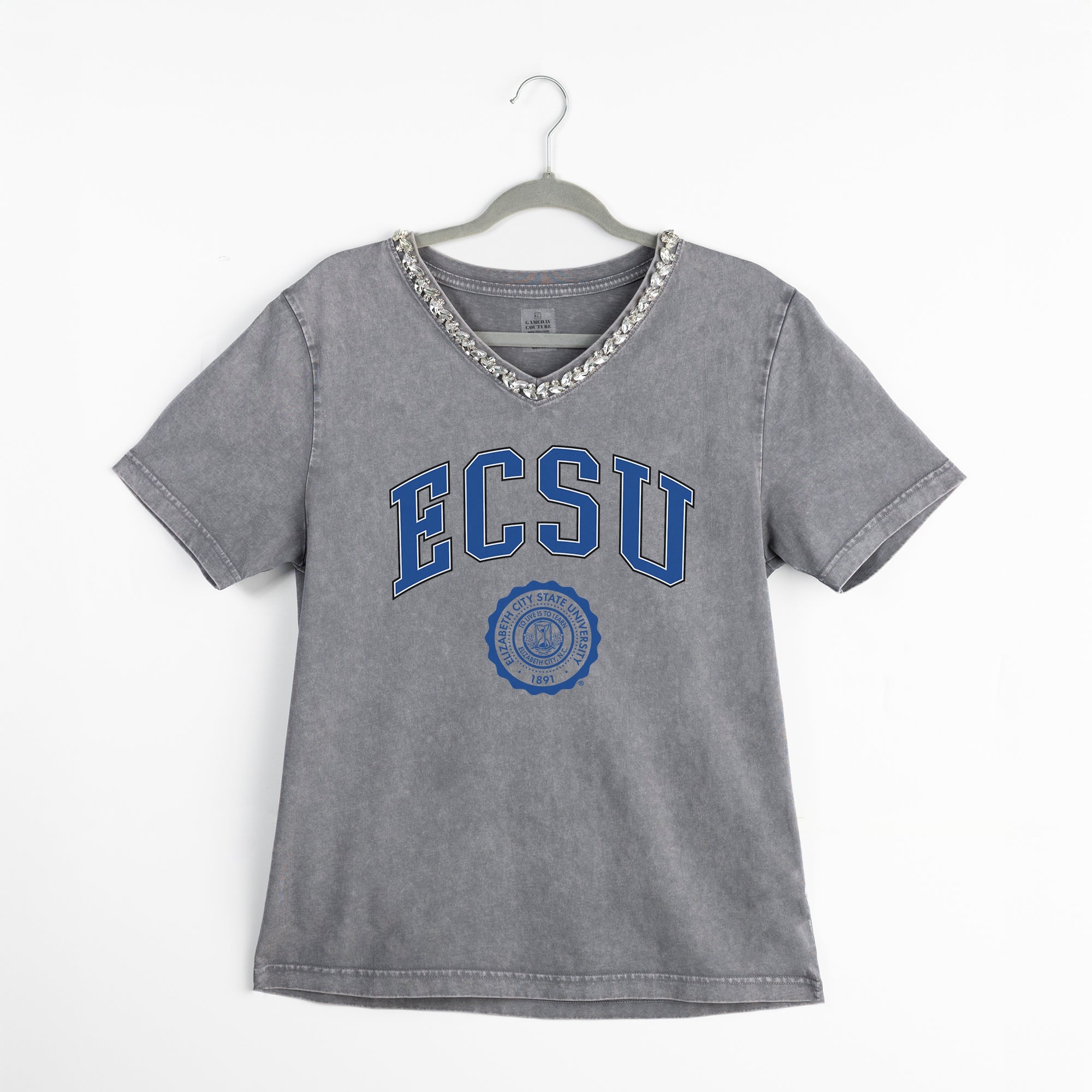 ELIZABETH CITY STATE UNIVERSITY VIKINGS ICONIC EDGE RHINESTONE TRIM V-NECK TEE