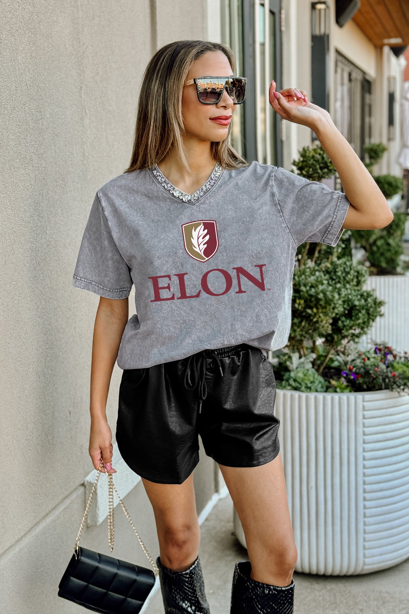 ELON PHOENIX ICONIC EDGE RHINESTONE TRIM V-NECK TEE