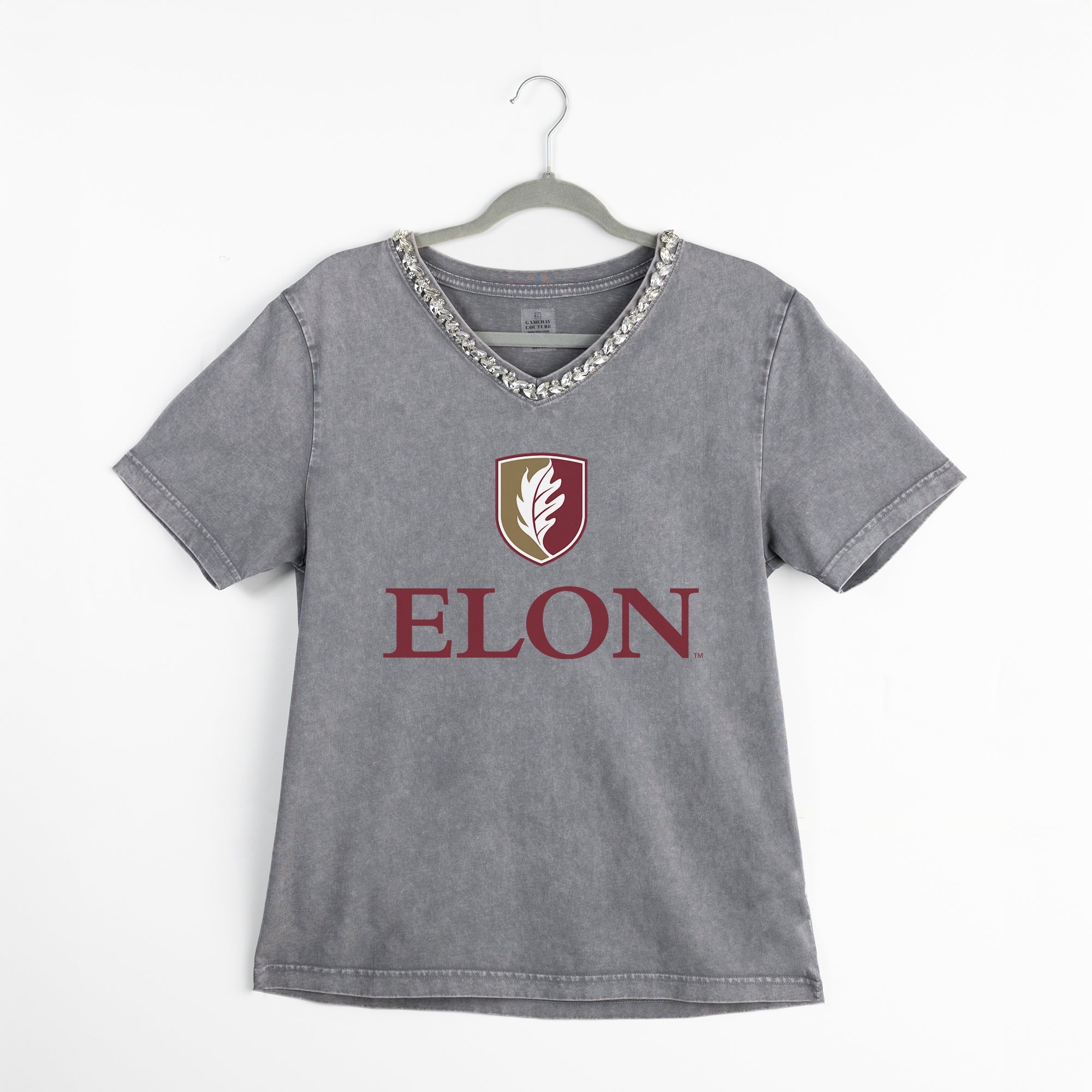 ELON PHOENIX ICONIC EDGE RHINESTONE TRIM V-NECK TEE