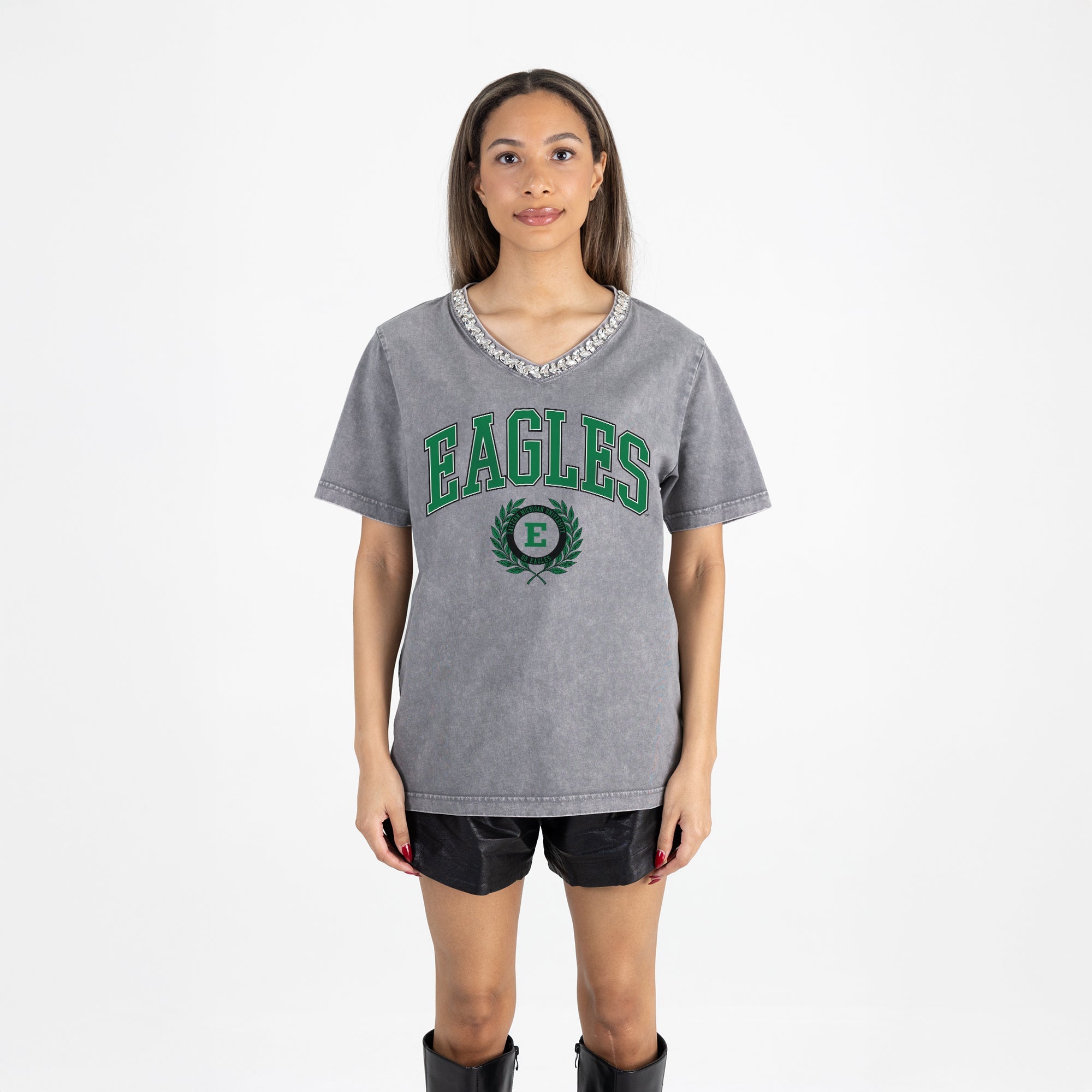 EASTERN MICHIGAN EAGLES ICONIC EDGE RHINESTONE TRIM V-NECK TEE