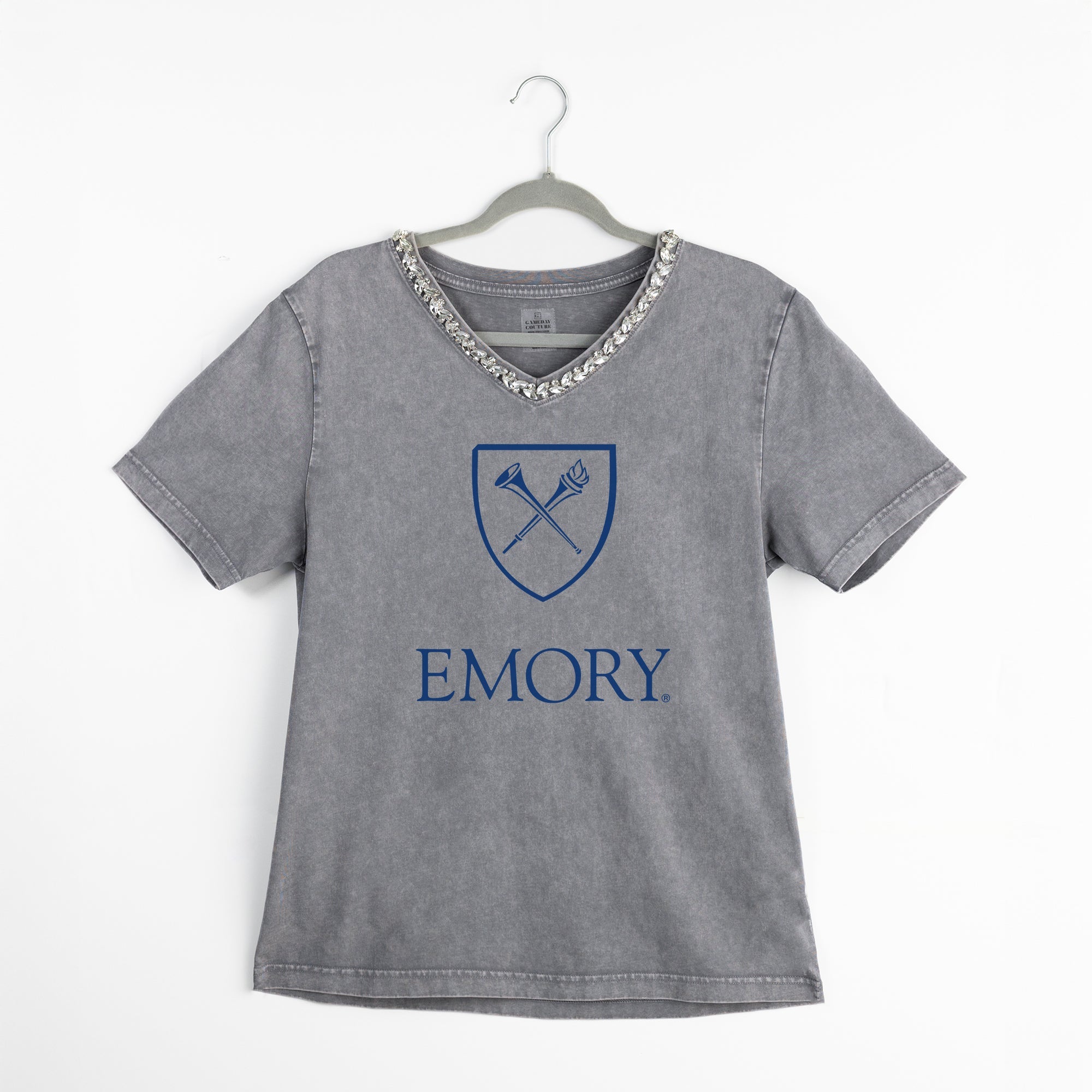 EMORY EAGLES ICONIC EDGE RHINESTONE TRIM V-NECK TEE