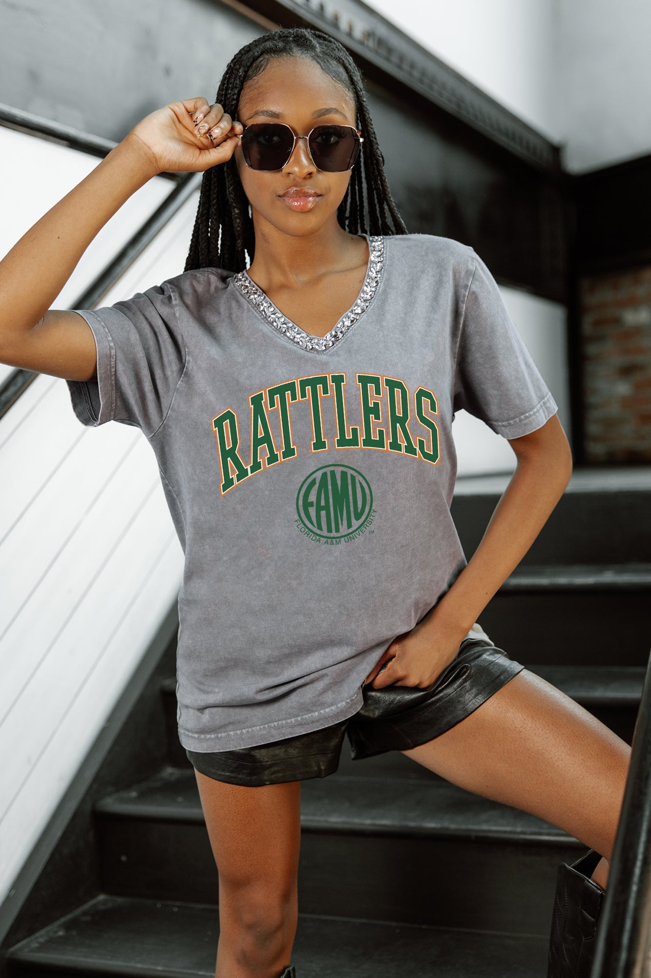 FLORIDA A&M RATTLERS ICONIC EDGE RHINESTONE TRIM V-NECK TEE