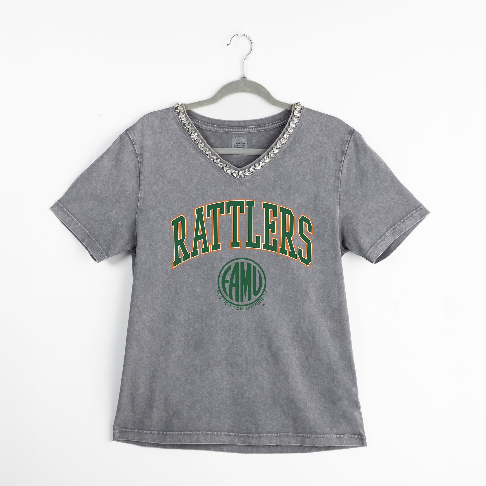 FLORIDA A&M RATTLERS ICONIC EDGE RHINESTONE TRIM V-NECK TEE