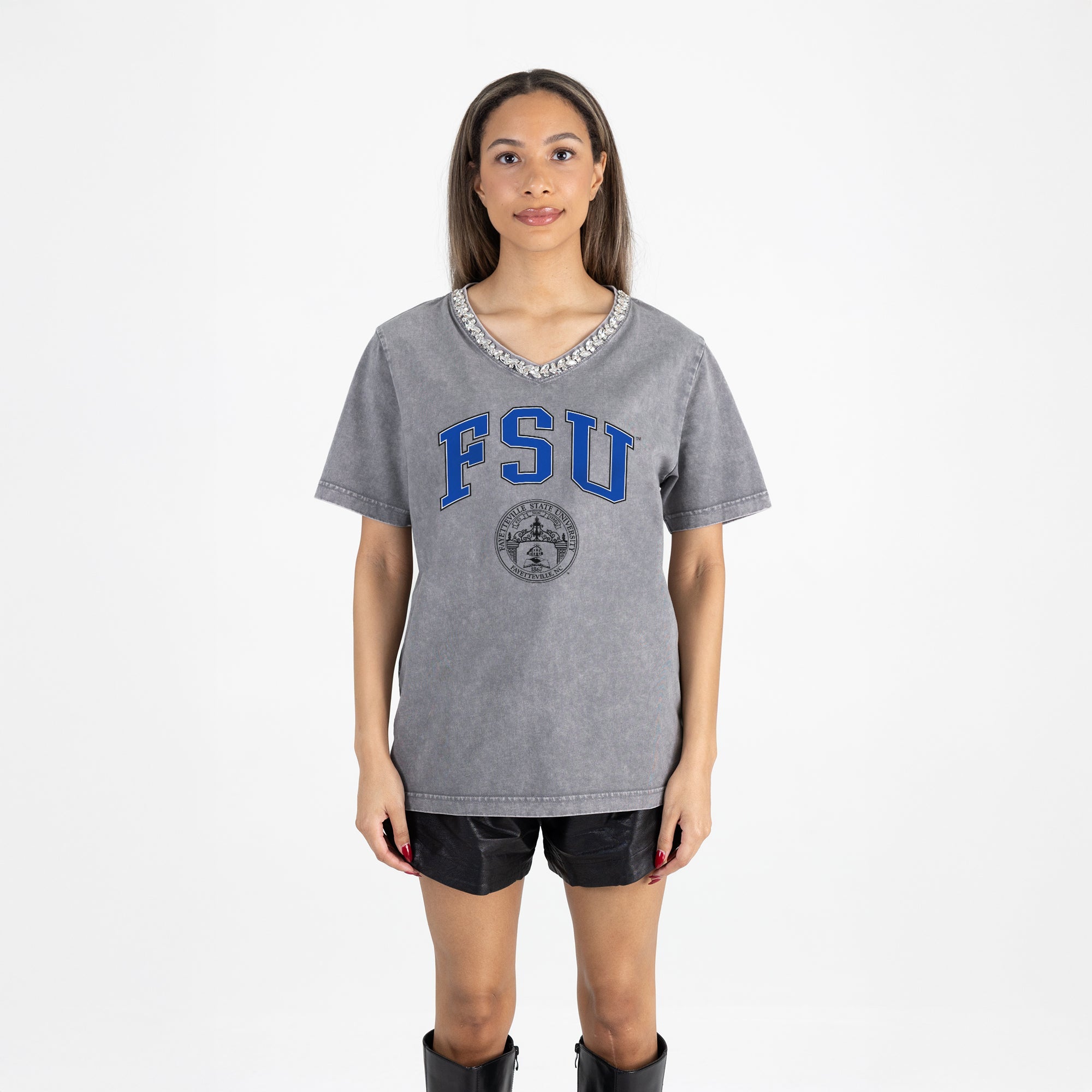 FAYETTEVILLE STATE BRONCOS ICONIC EDGE RHINESTONE TRIM V-NECK TEE