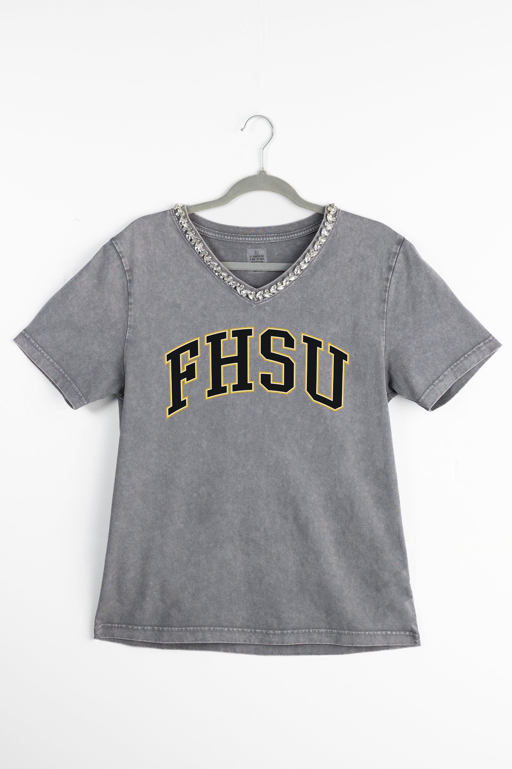 FORT HAYS STATE TIGERS ICONIC EDGE RHINESTONE TRIM V-NECK TEE