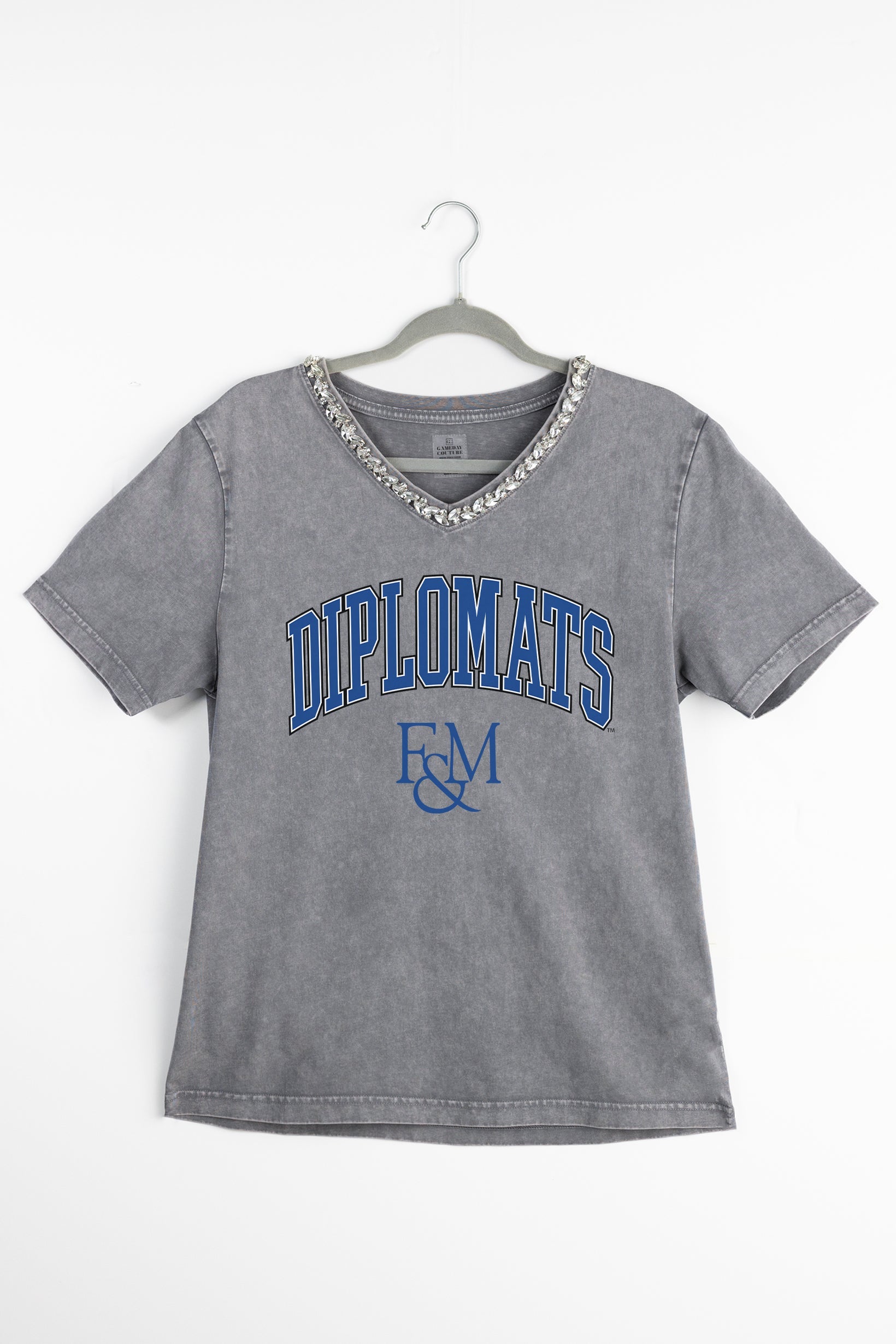 F&M DIPLOMATS ICONIC EDGE RHINESTONE TRIM V-NECK TEE
