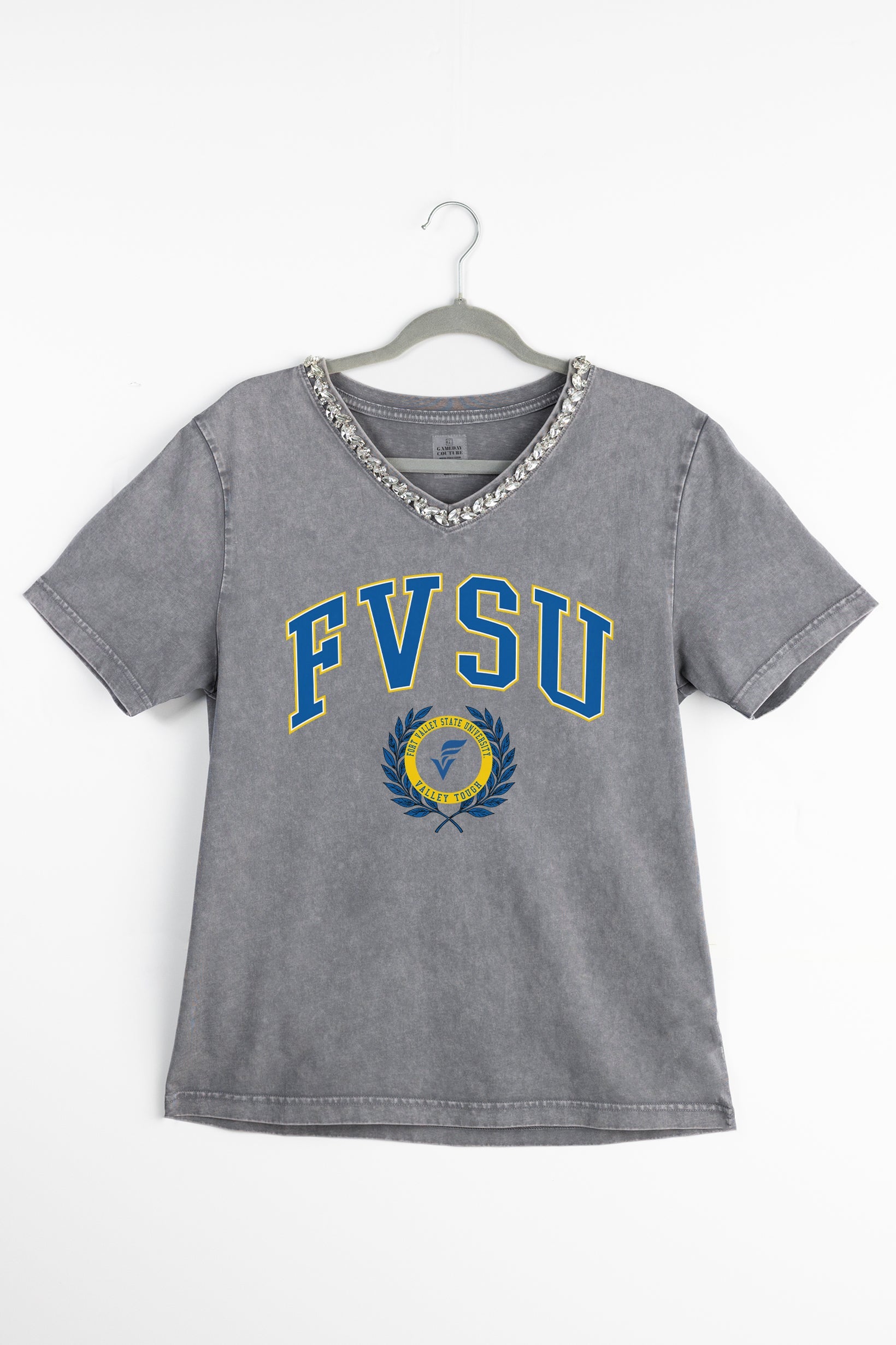 FORT VALLEY STATE WILDCATS ICONIC EDGE RHINESTONE TRIM V-NECK TEE