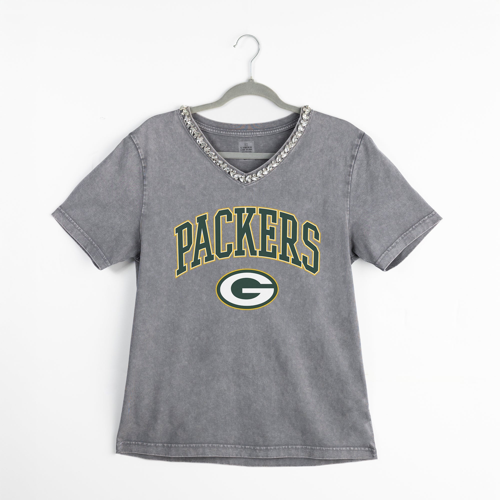 GREEN BAY PACKERS ICONIC EDGE RHINESTONE TRIM V-NECK TEE