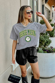 GEORGE MASON PATRIOTS ICONIC EDGE RHINESTONE TRIM V-NECK TEE