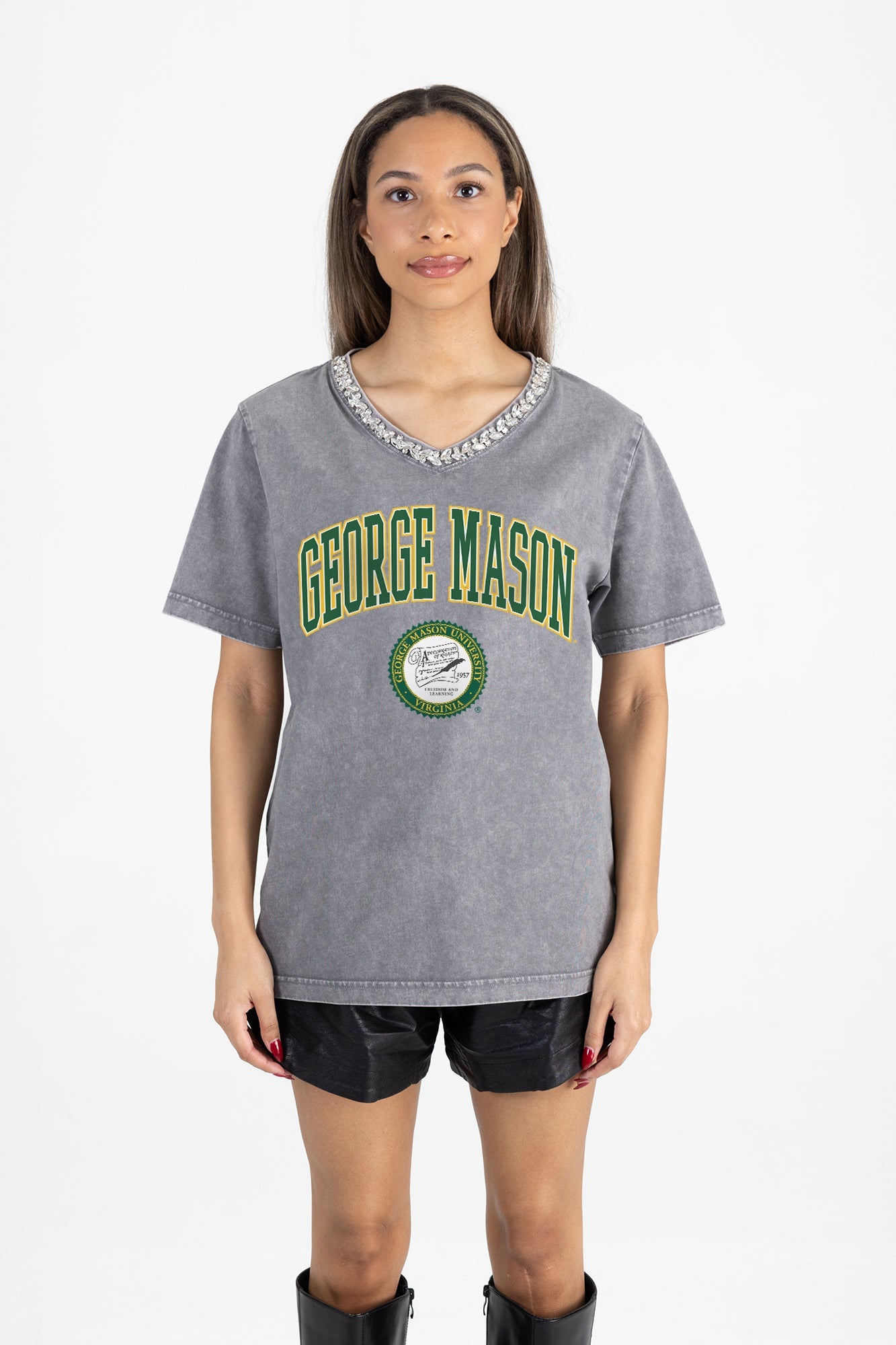 GEORGE MASON PATRIOTS ICONIC EDGE RHINESTONE TRIM V-NECK TEE