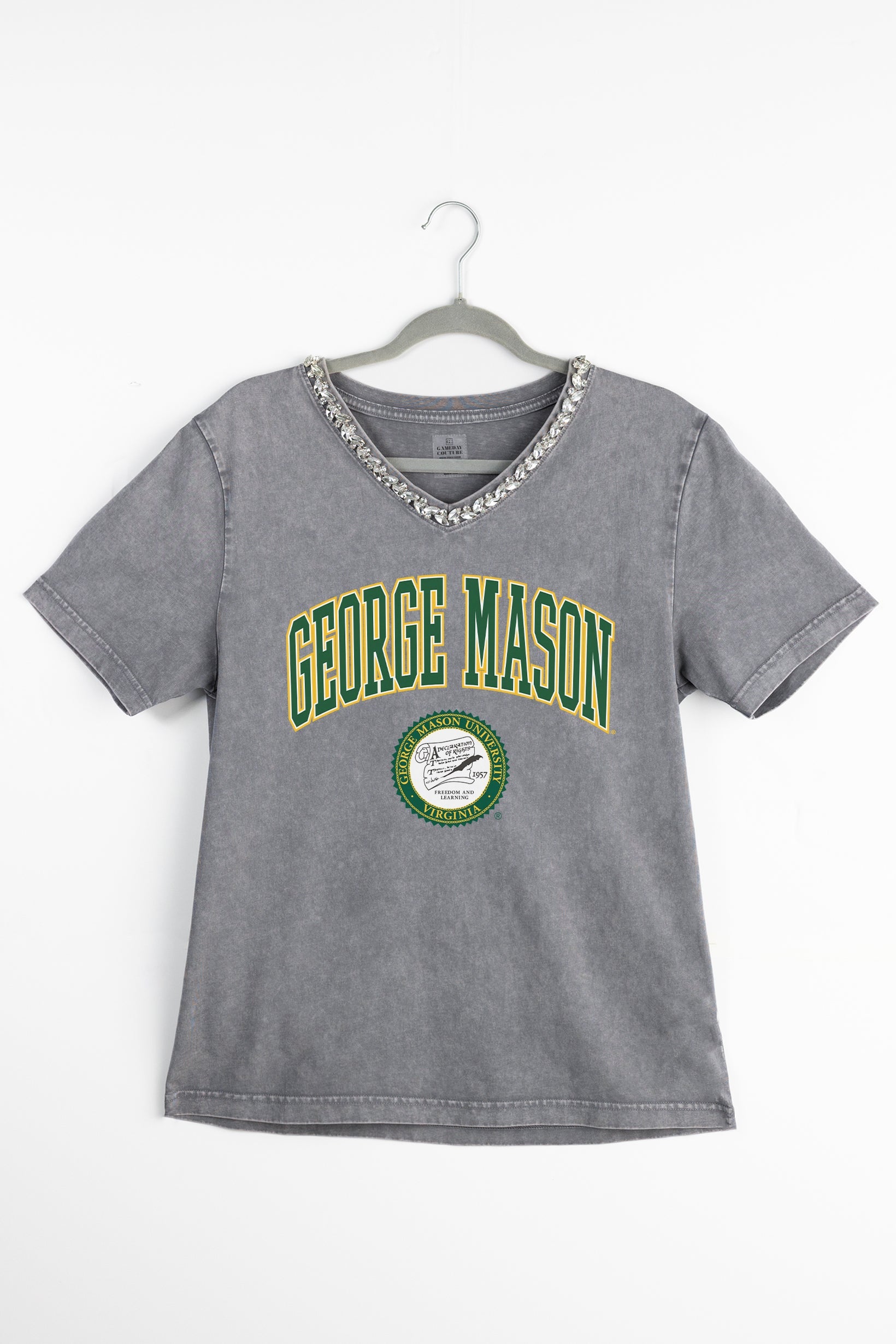 GEORGE MASON PATRIOTS ICONIC EDGE RHINESTONE TRIM V-NECK TEE