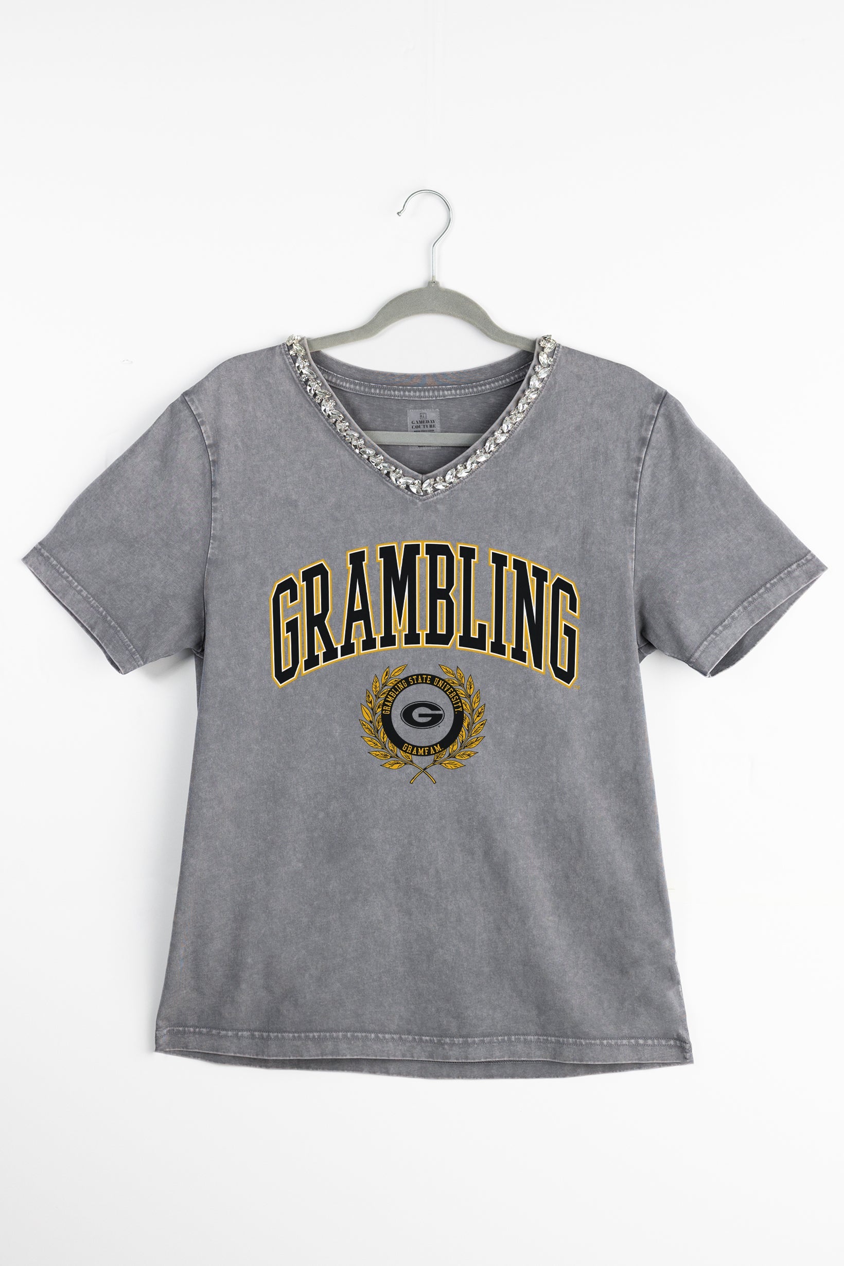 GRAMBLING STATE TIGERS ICONIC EDGE RHINESTONE TRIM V-NECK TEE