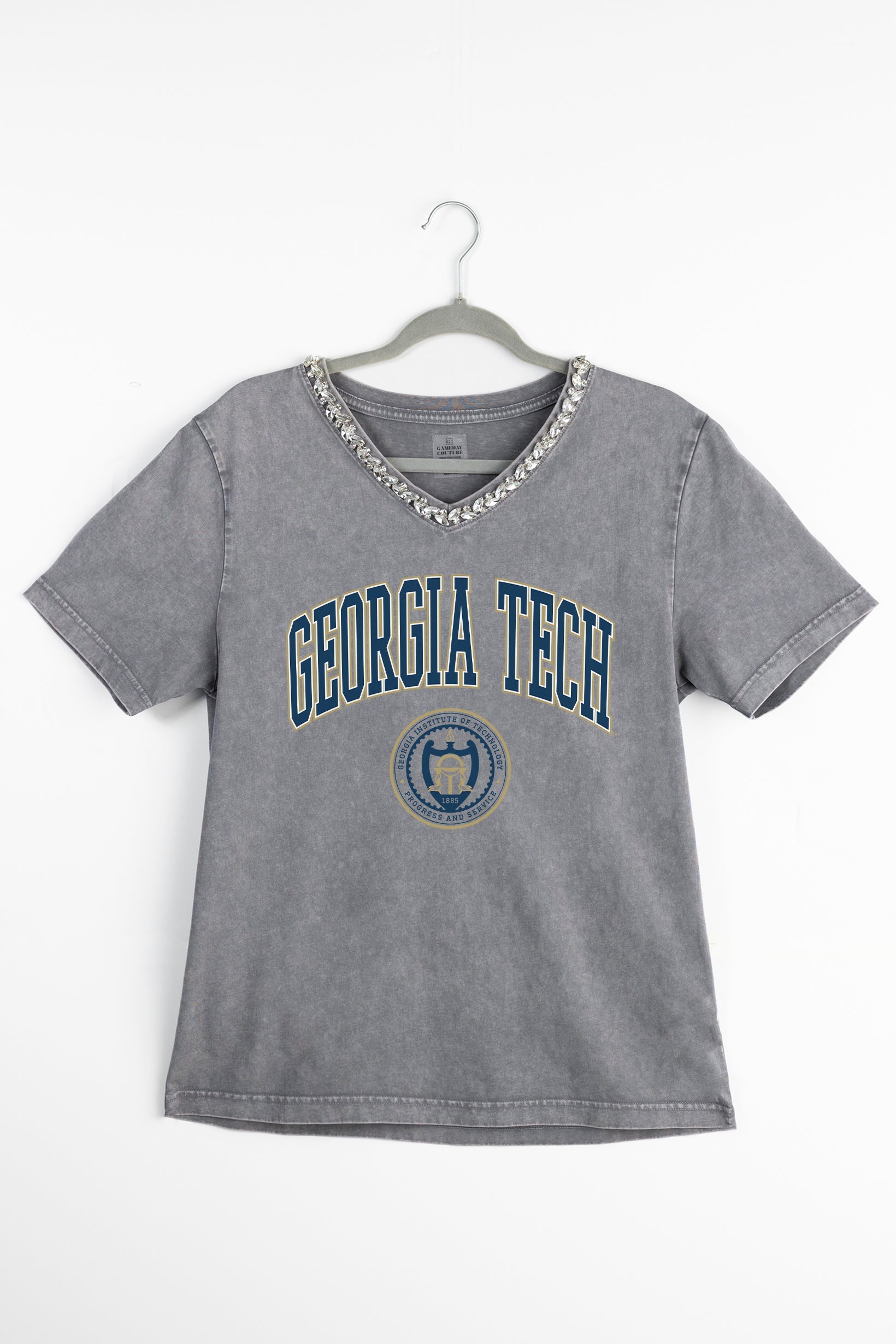 GEORGIA TECH YELLOW JACKETS ICONIC EDGE RHINESTONE TRIM V-NECK TEE