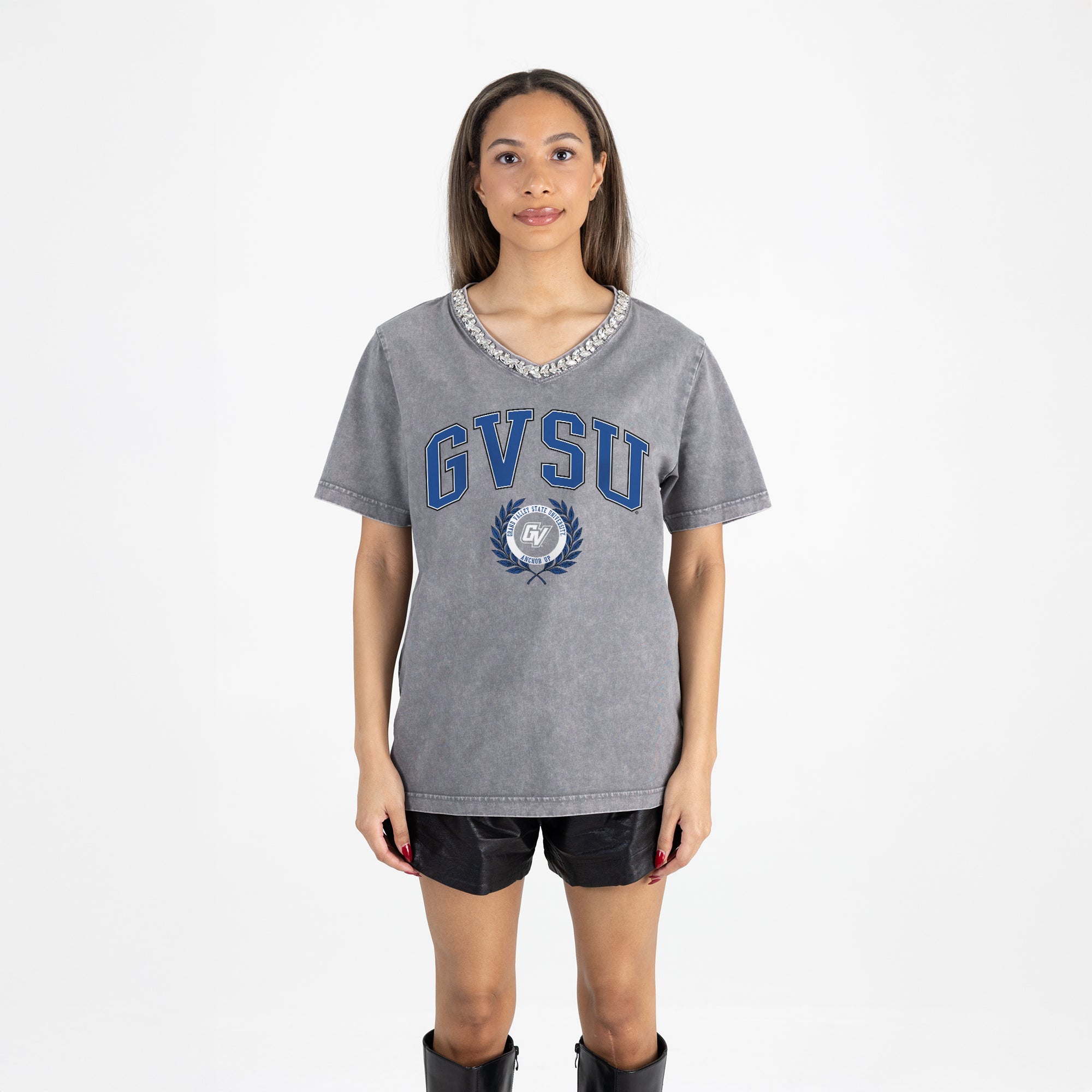 GRAND VALLEY LAKERS ICONIC EDGE RHINESTONE TRIM V-NECK TEE