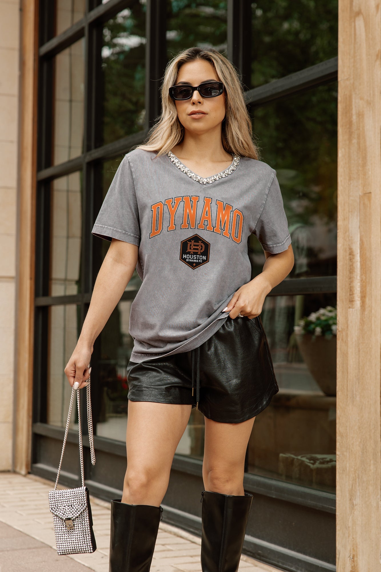 HOUSTON DYNAMO ICONIC EDGE RHINESTONE TRIM V-NECK TEE