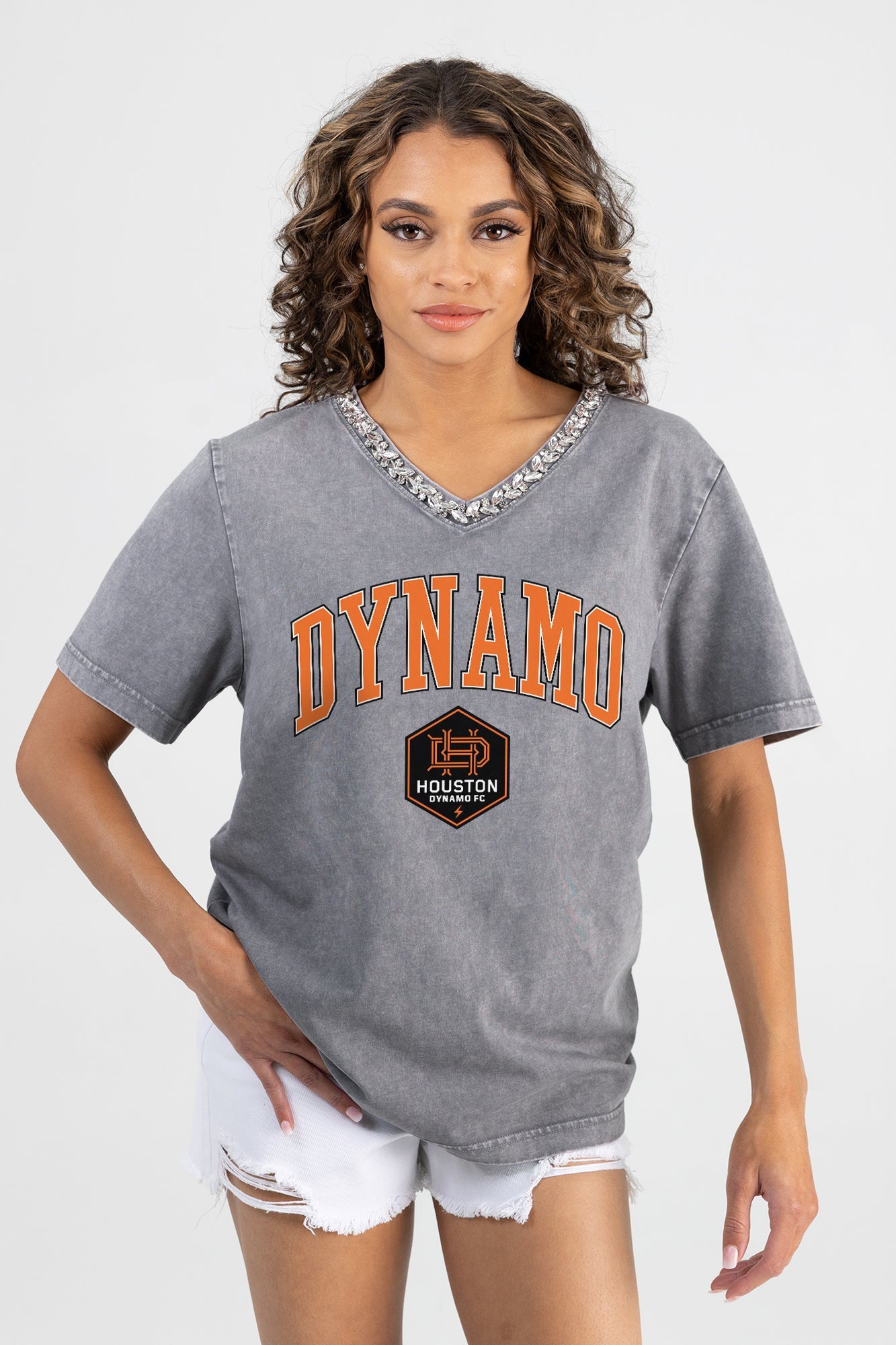 HOUSTON DYNAMO ICONIC EDGE RHINESTONE TRIM V-NECK TEE
