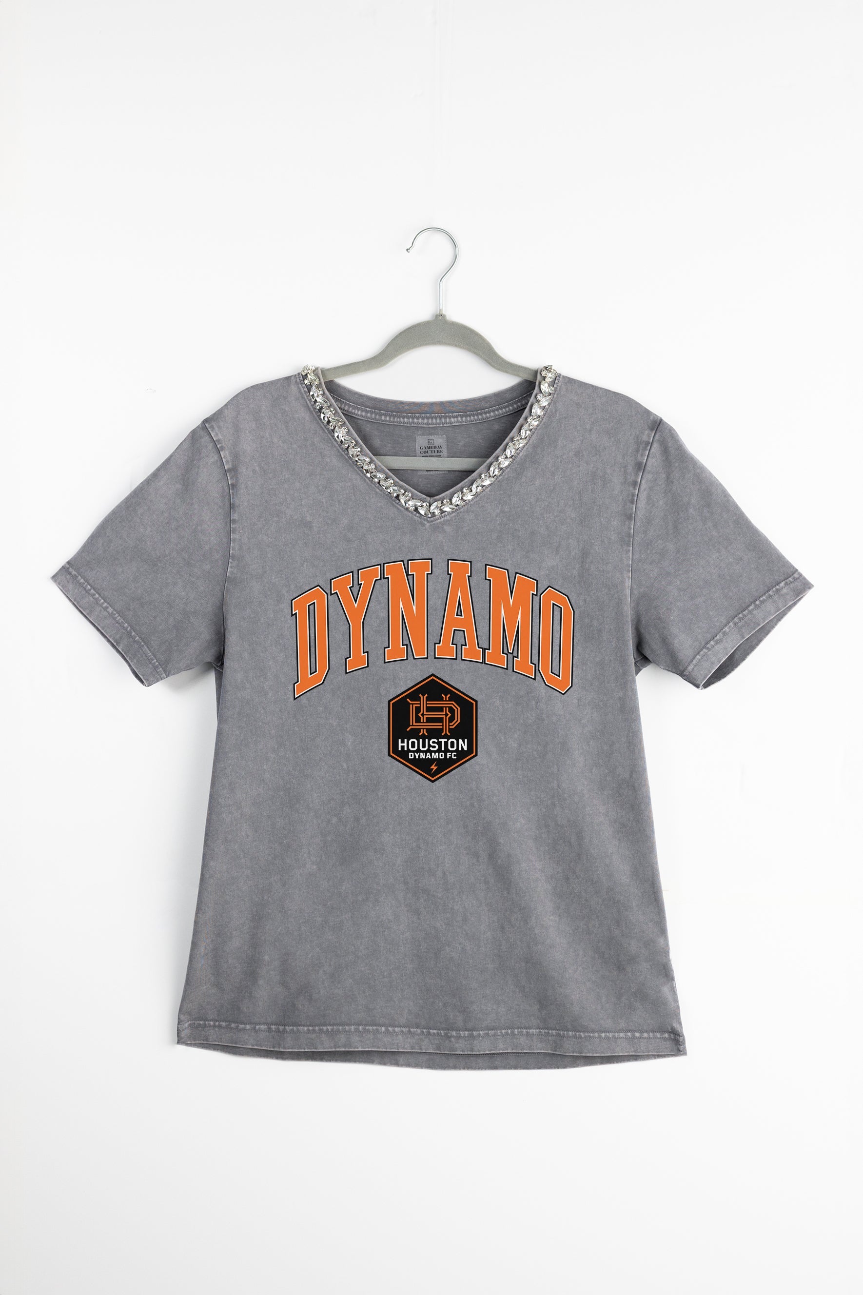 HOUSTON DYNAMO ICONIC EDGE RHINESTONE TRIM V-NECK TEE