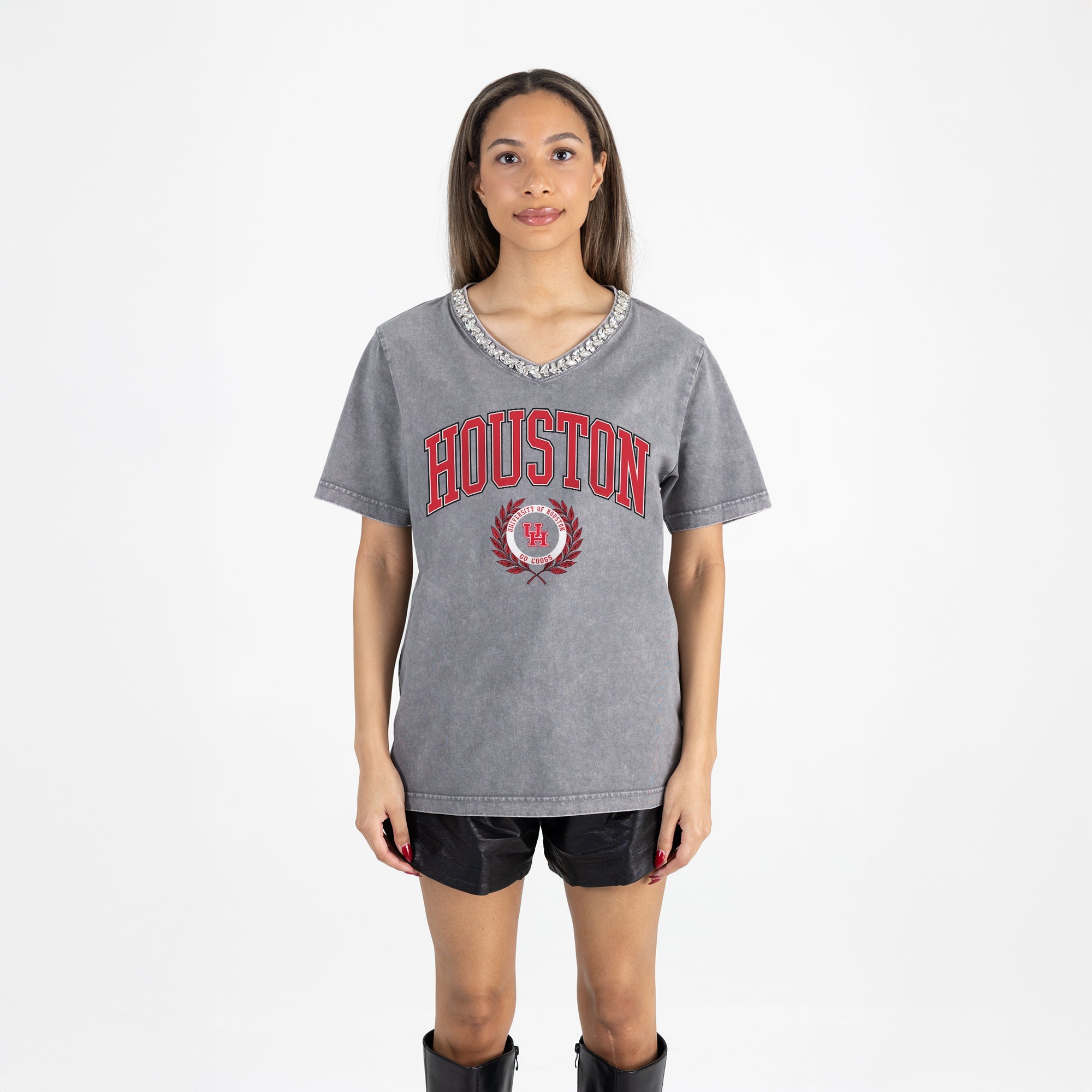 HOUSTON COUGARS ICONIC EDGE RHINESTONE TRIM V-NECK TEE