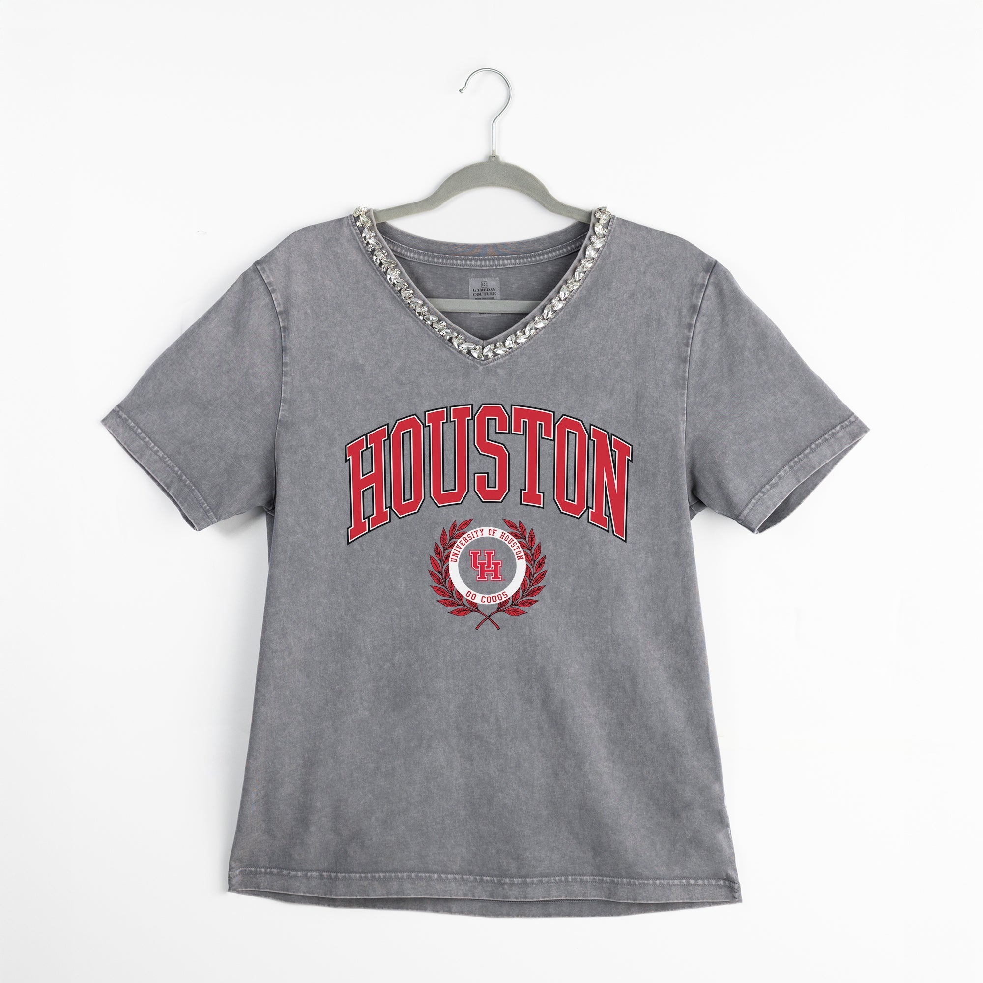 HOUSTON COUGARS ICONIC EDGE RHINESTONE TRIM V-NECK TEE
