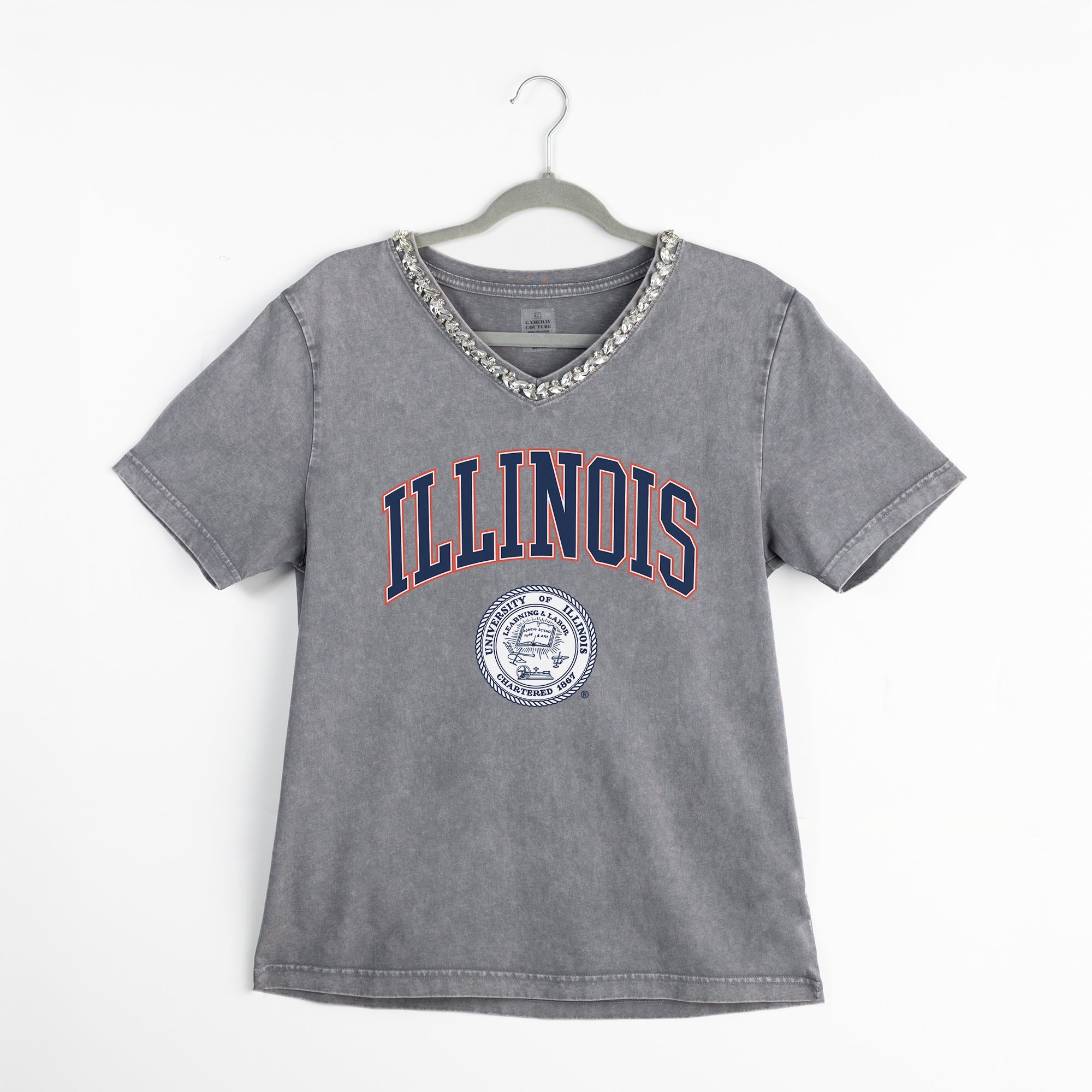 ILLINOIS FIGHTING ILLINI ICONIC EDGE RHINESTONE TRIM V-NECK TEE