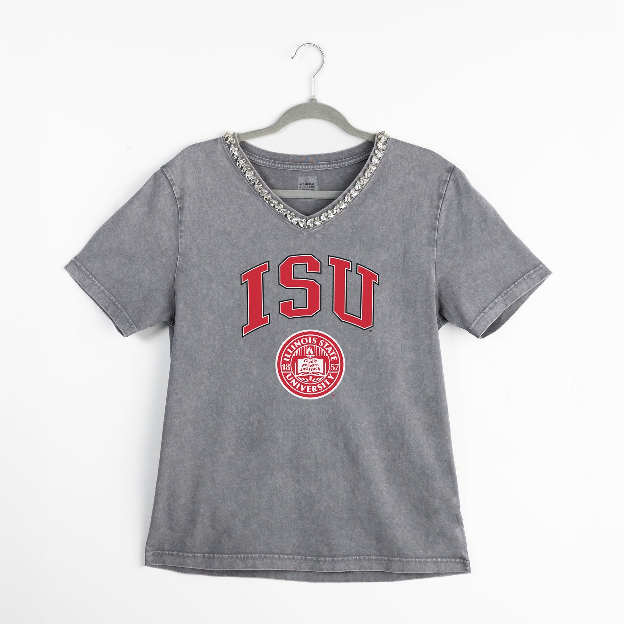 ILLINOIS STATE REDBIRDS ICONIC EDGE RHINESTONE TRIM V-NECK TEE