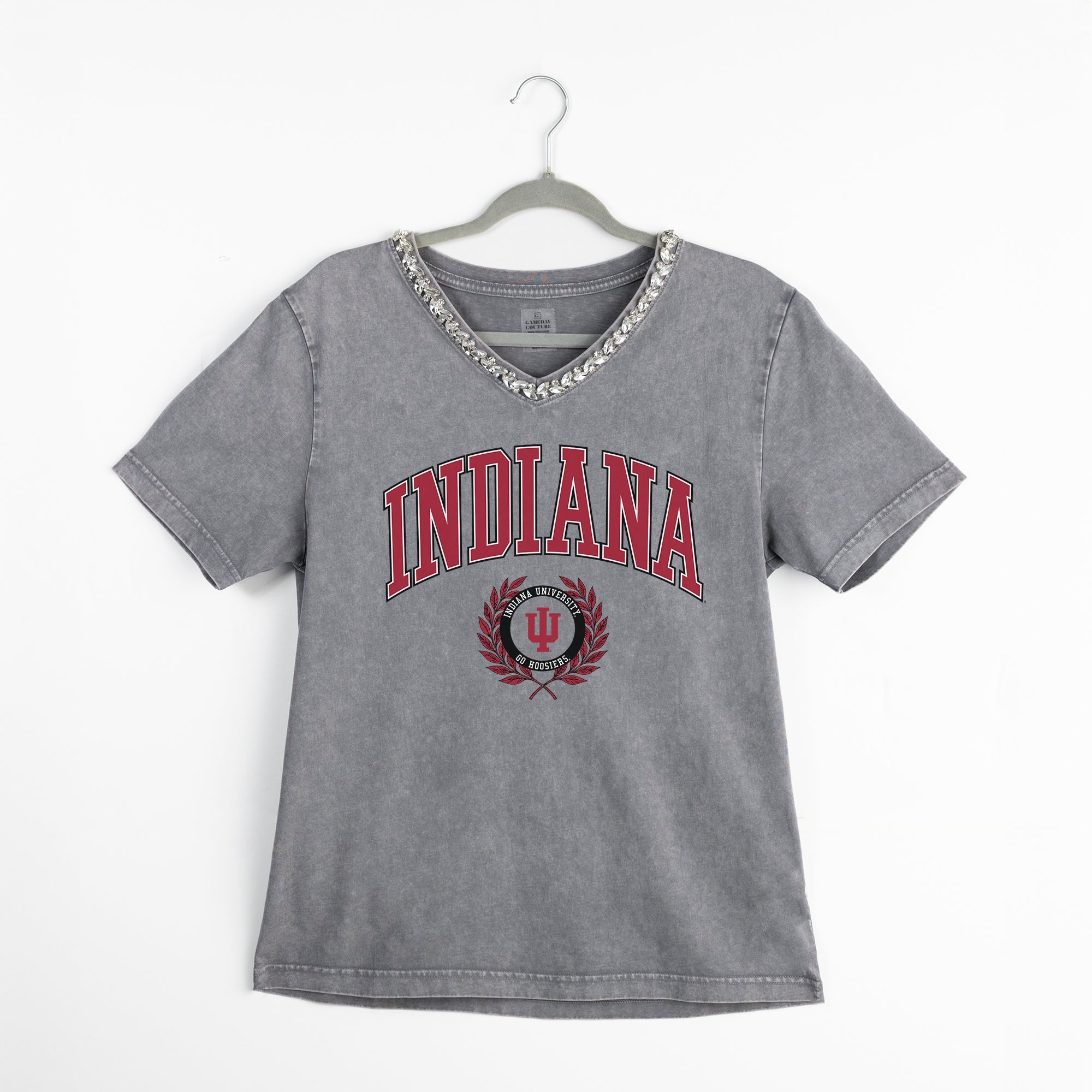 INDIANA HOOSIERS ICONIC EDGE RHINESTONE TRIM V-NECK TEE