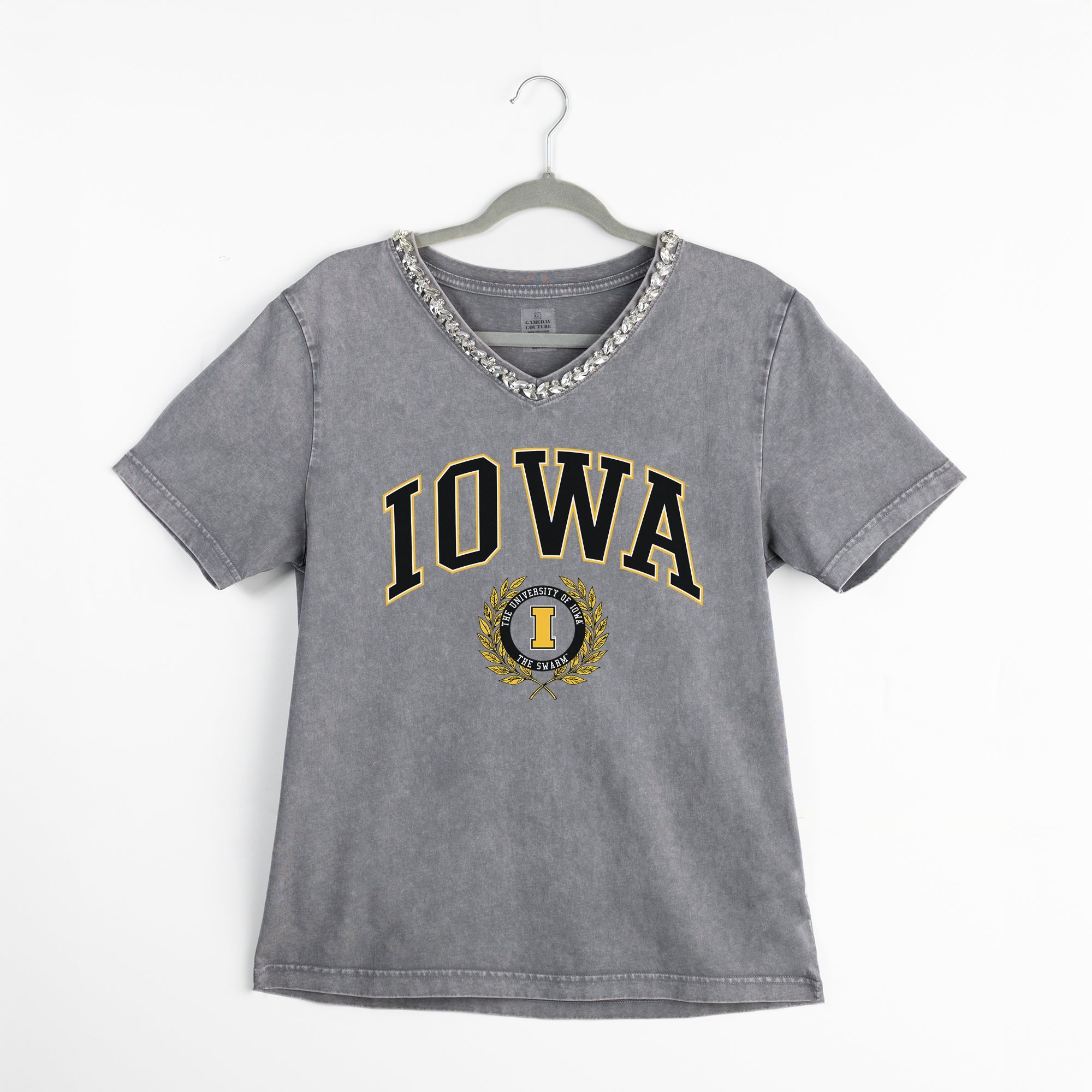 IOWA HAWKEYES ICONIC EDGE RHINESTONE TRIM V-NECK TEE