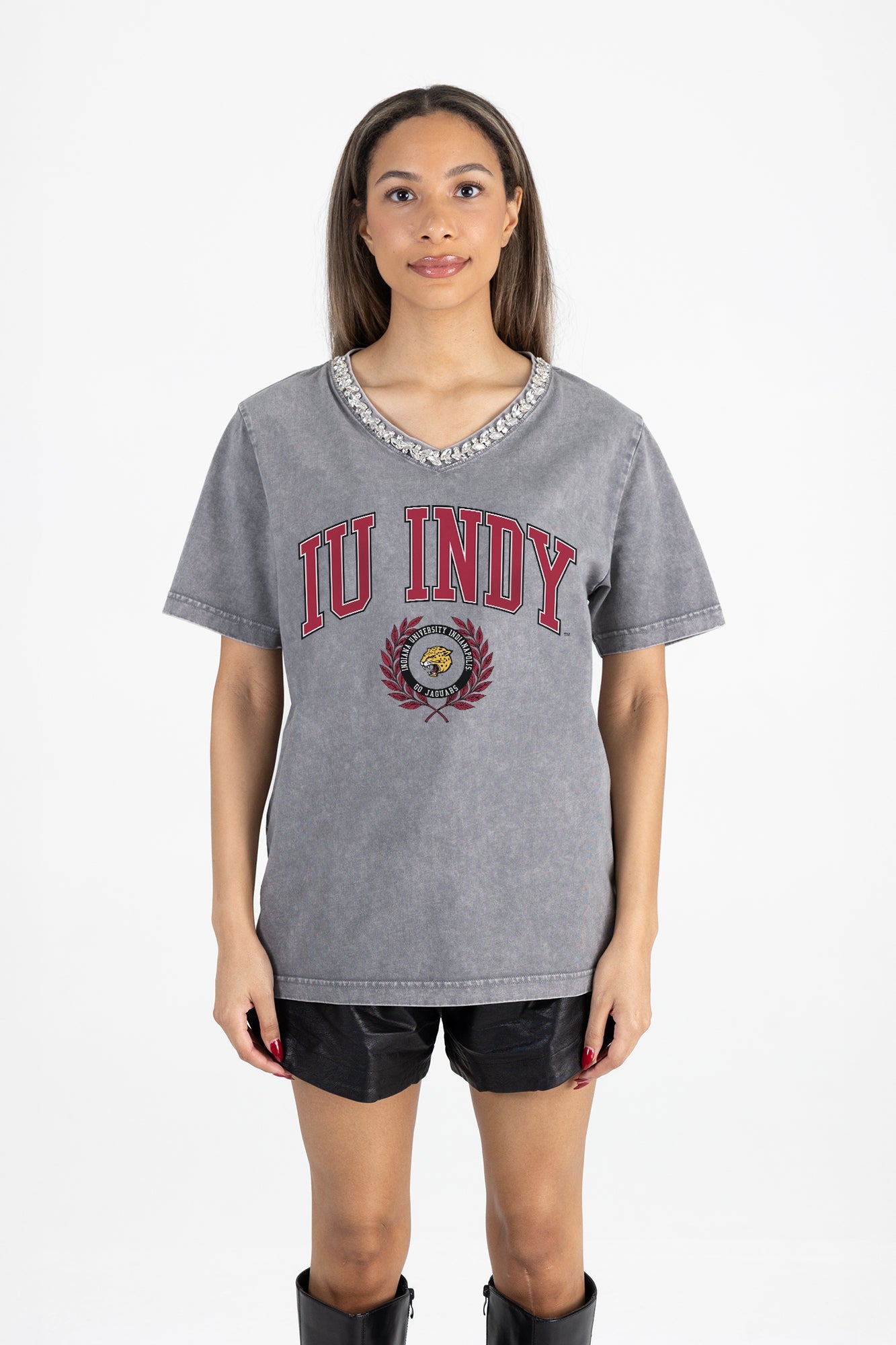 IU INDIANAPOLIS JAGUARS ICONIC EDGE RHINESTONE TRIM V-NECK TEE