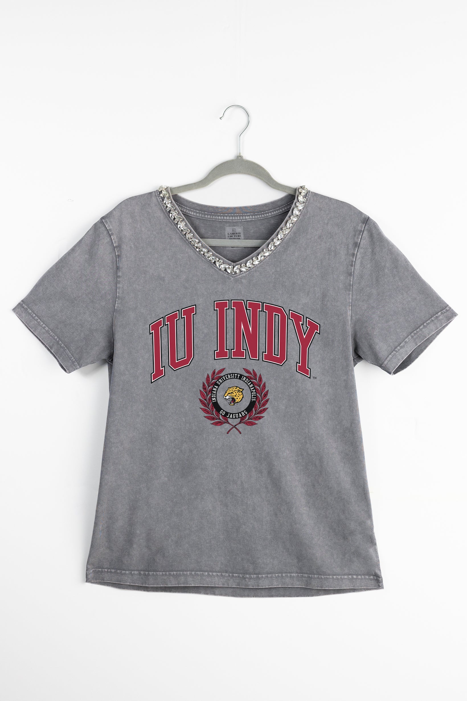 IU INDIANAPOLIS JAGUARS ICONIC EDGE RHINESTONE TRIM V-NECK TEE