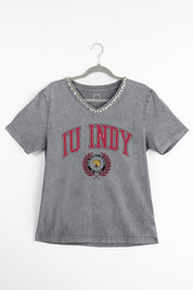 IU INDIANAPOLIS JAGUARS ICONIC EDGE RHINESTONE TRIM V-NECK TEE